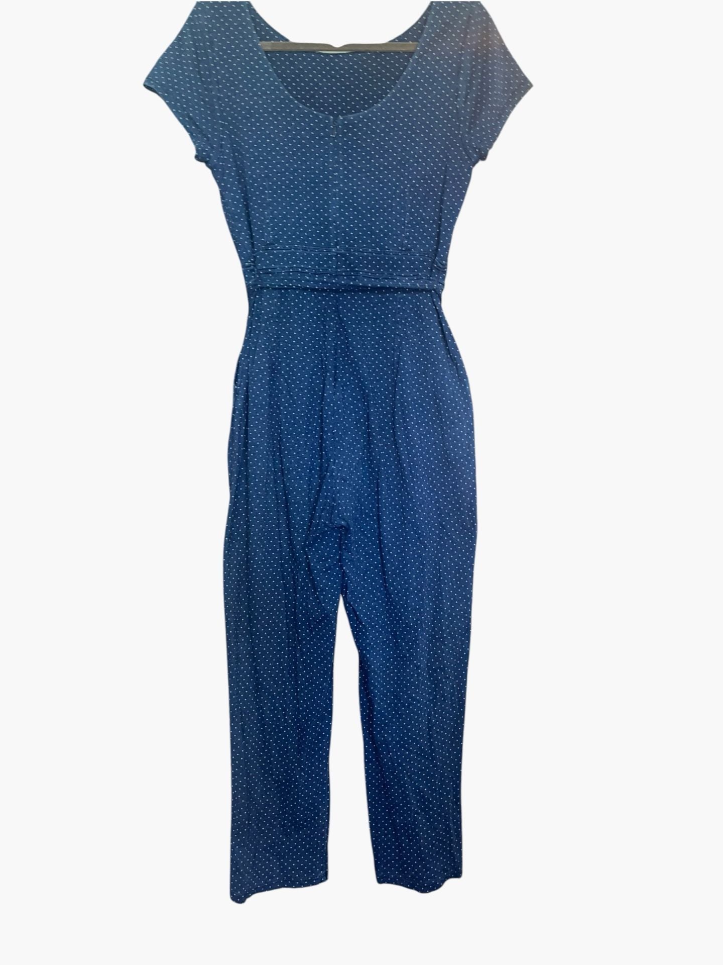Boden Polka Dot Jumpsuit Size US 8P Blue Short Sleeve Tie Waist 4