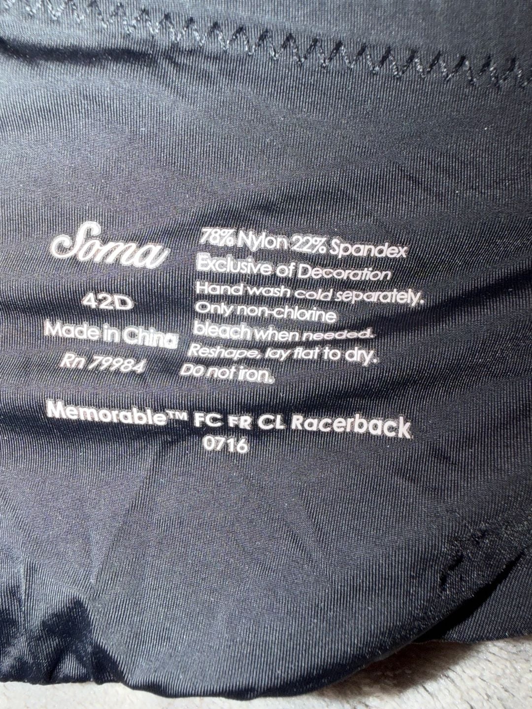 Soma Memorable FC FR CL Racerback Bra Size 42D Black Front Close 7