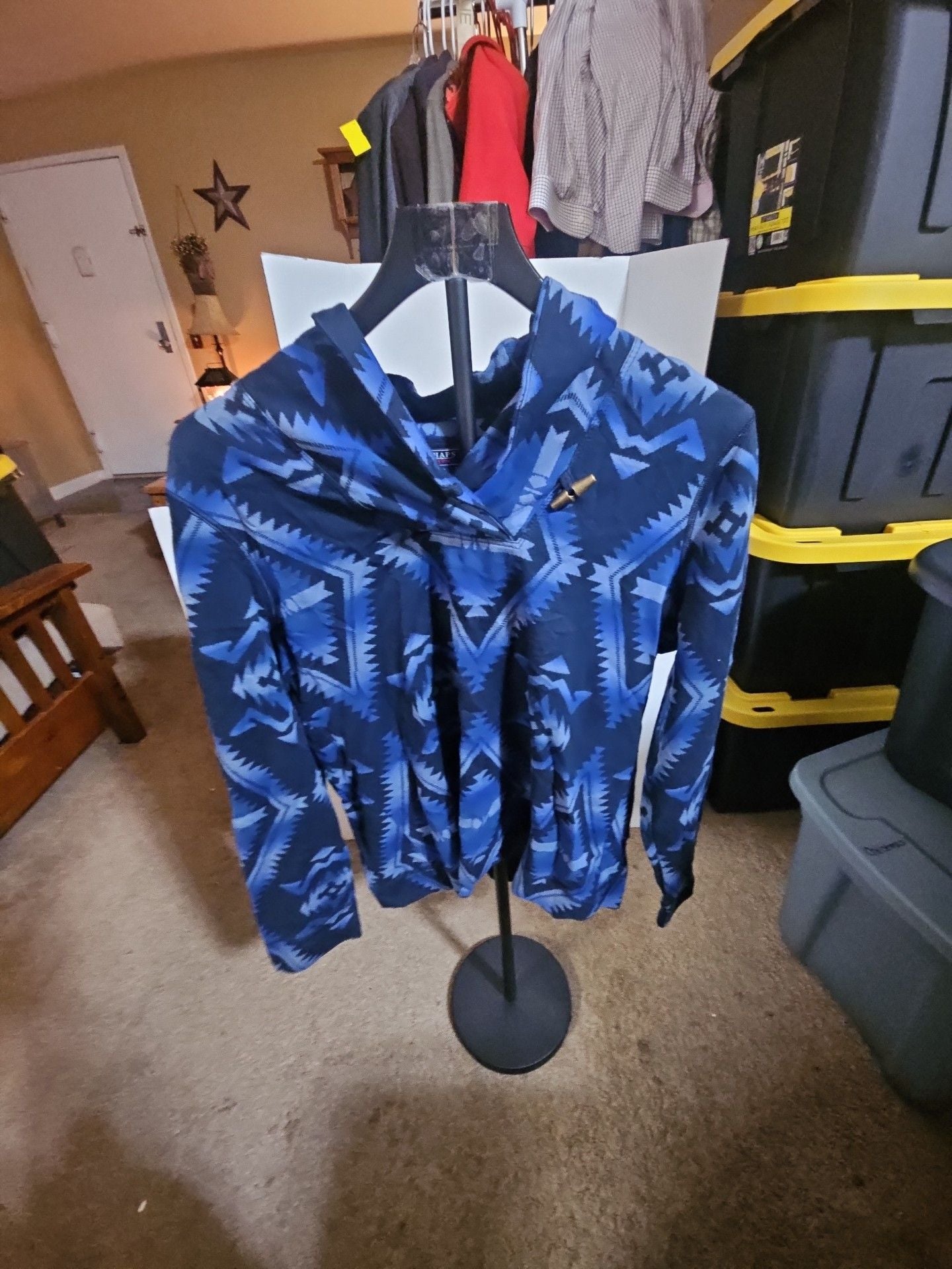 Chaps Denim Hoodie Size XL Blue Southwest Aztec Print Cotton Pullover 1