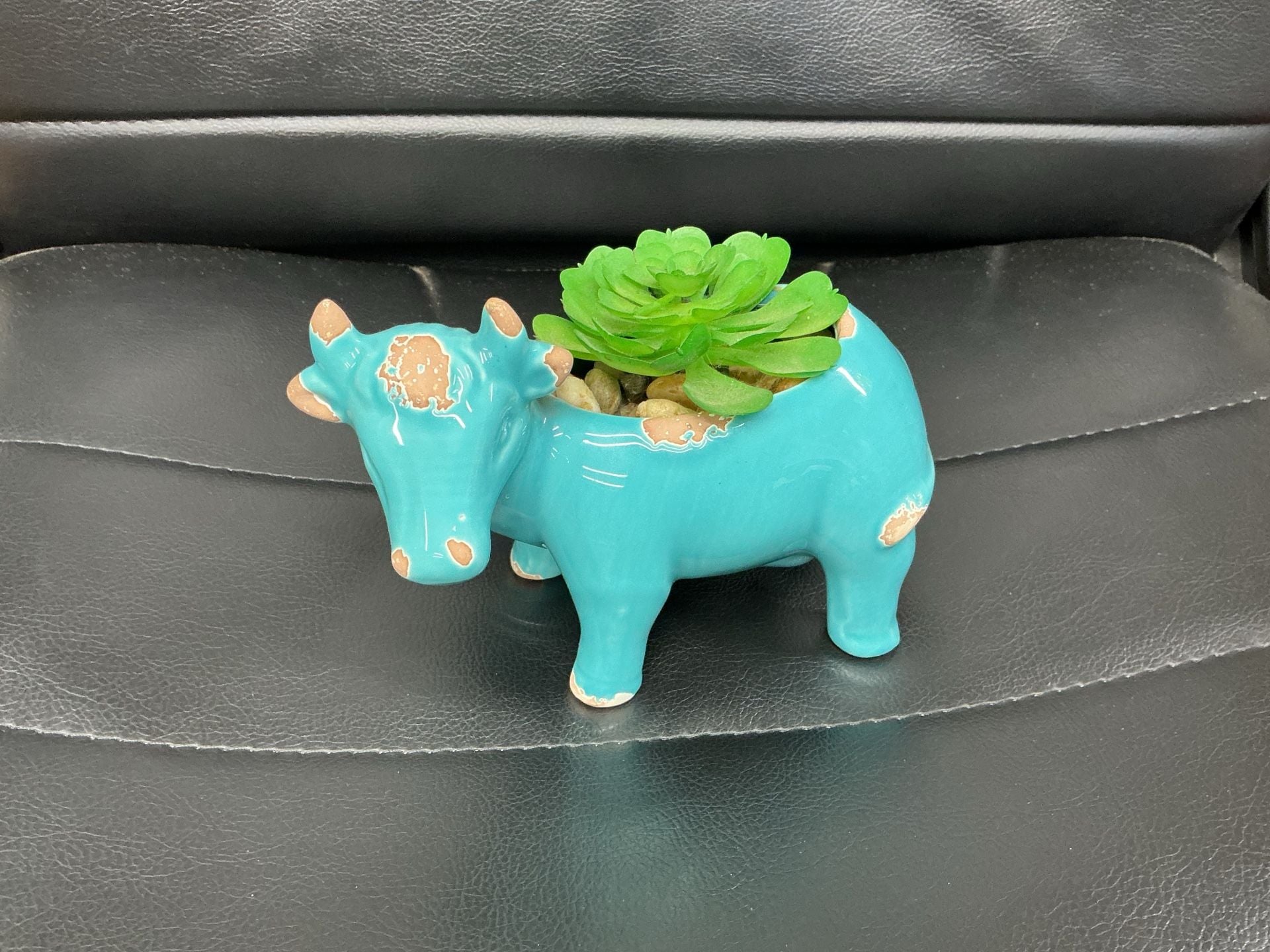Turquoise Ceramic Cow Planter With Artificial Succulent 1