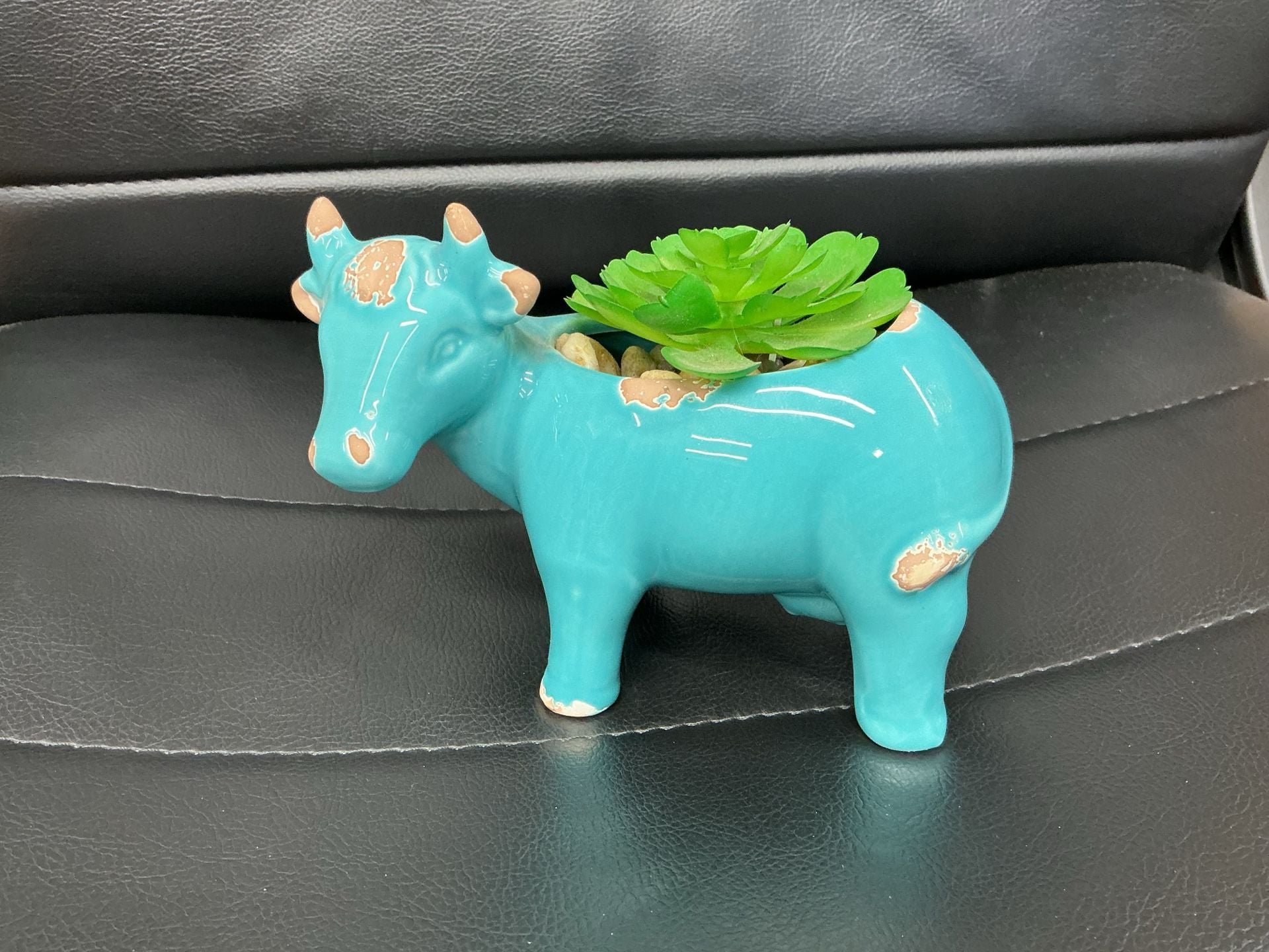 Turquoise Ceramic Cow Planter With Artificial Succulent 2
