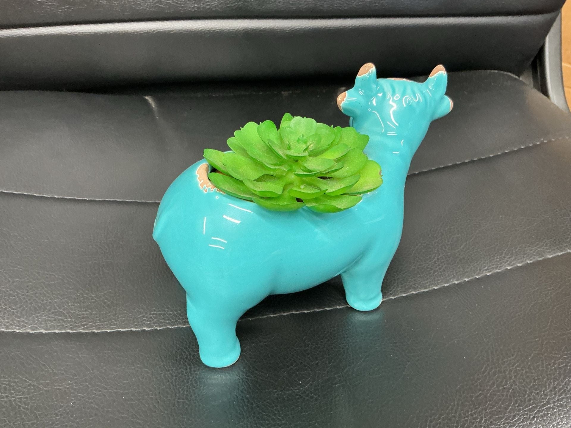 Turquoise Ceramic Cow Planter With Artificial Succulent 3
