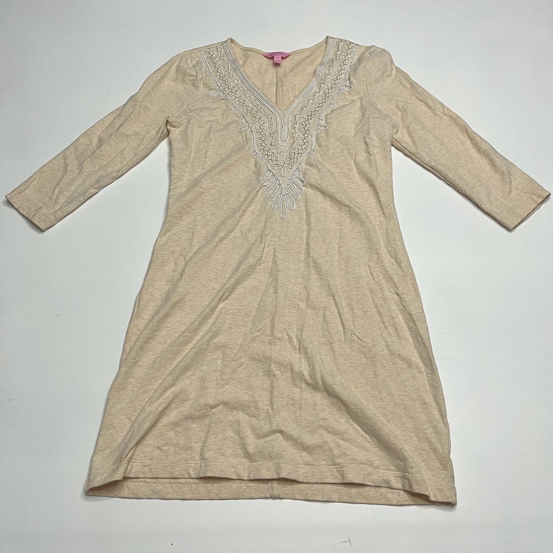 Lilly Pulitzer Clarkson Dress Heathered Camel Embroidered 3/4 Sleeve M 3