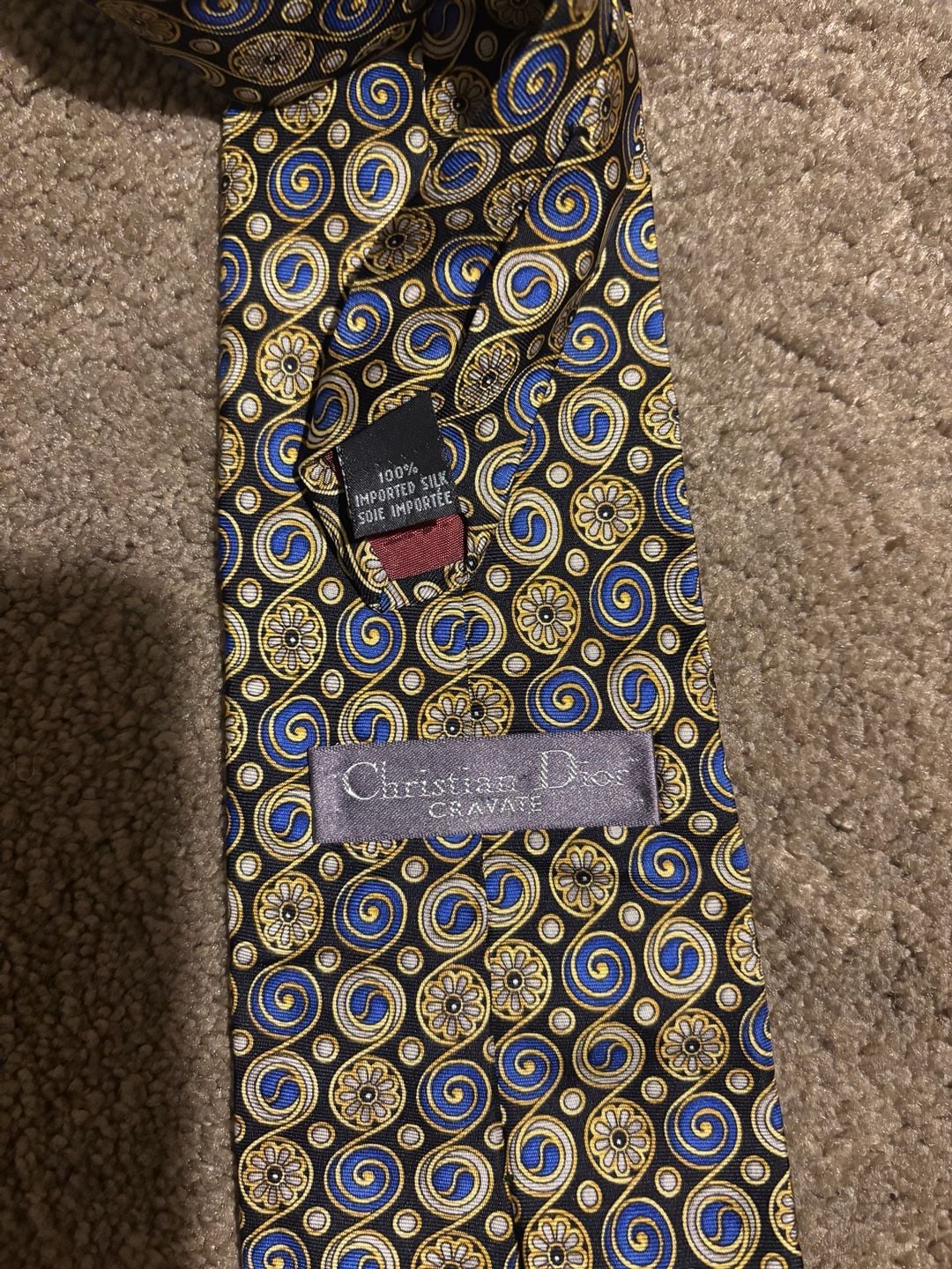 Christian Dior Cravate Silk Necktie Vintage Gold Blue Floral Medallion Swirl 1