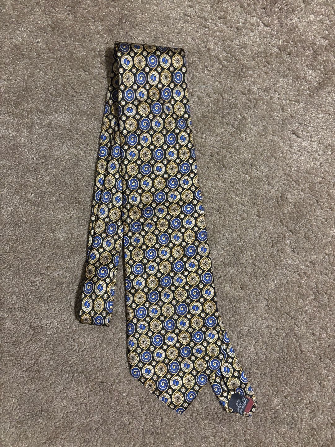 Christian Dior Cravate Silk Necktie Vintage Gold Blue Floral Medallion Swirl 2