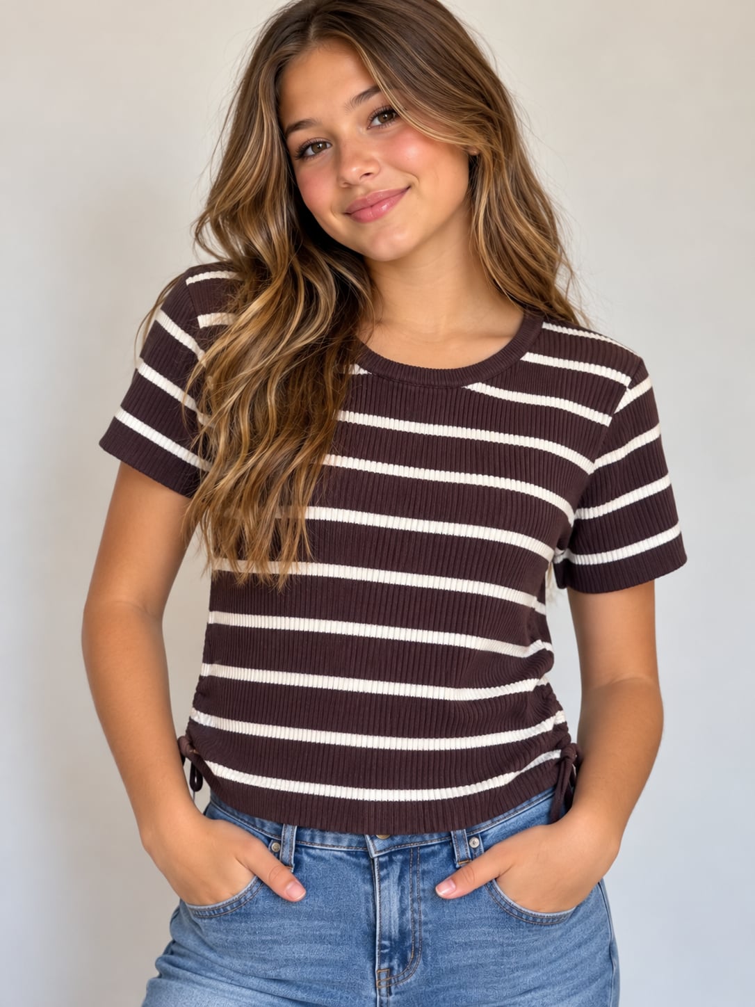 NWT Pink Republic Striped Ribbed T-Shirt Size L(14) Brown White 2