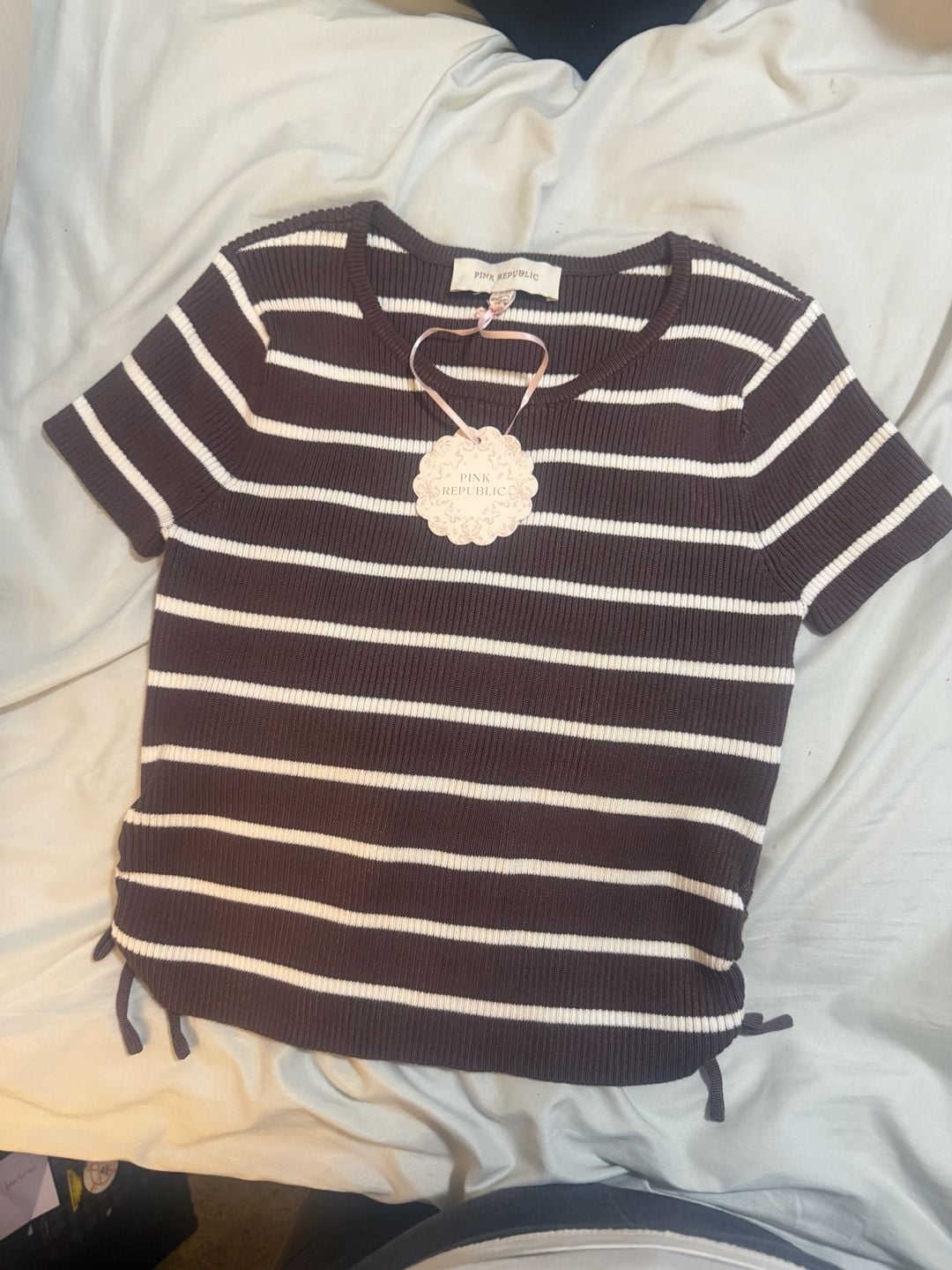 NWT Pink Republic Striped Ribbed T-Shirt Size L(14) Brown White 3