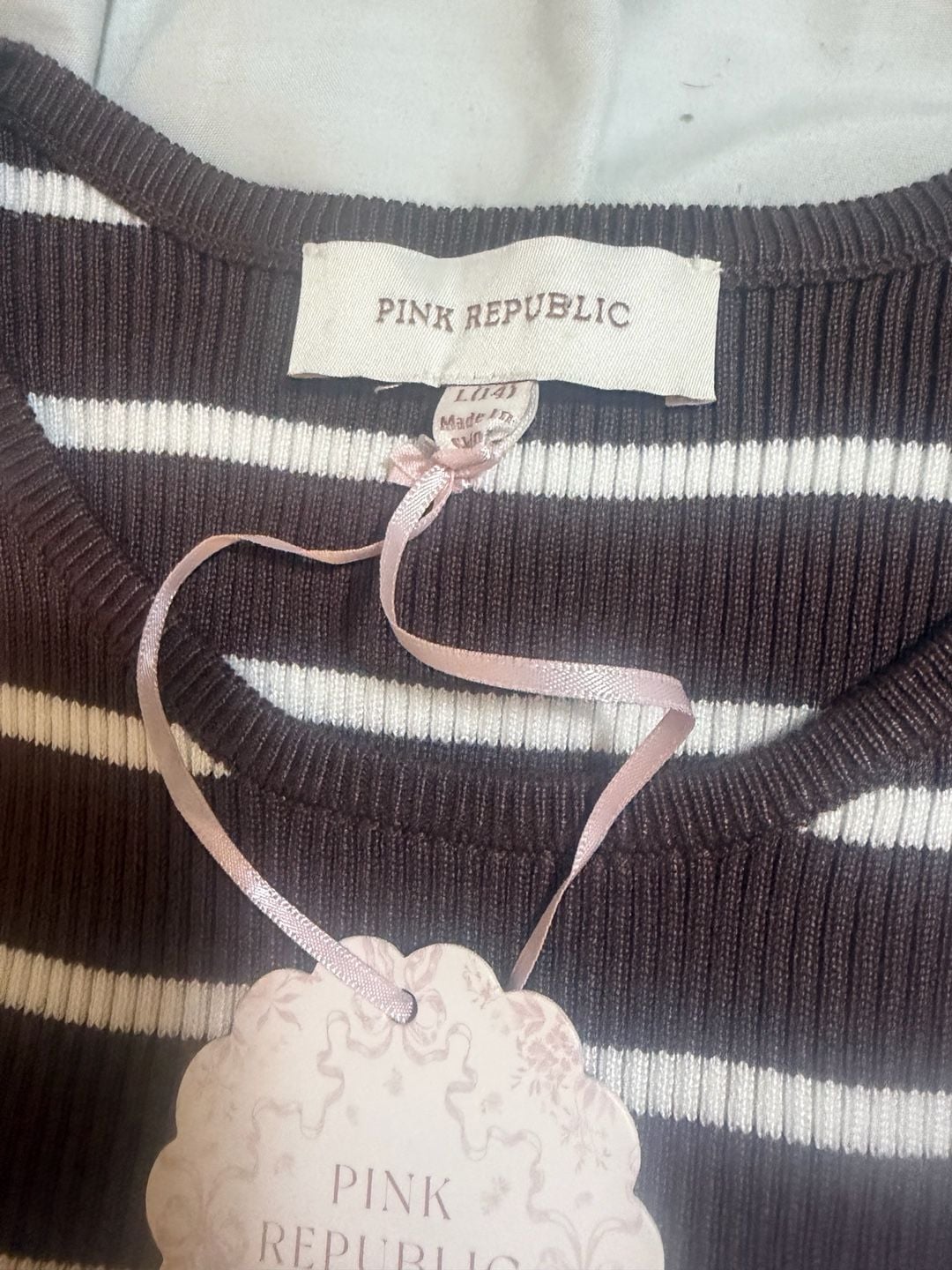 NWT Pink Republic Striped Ribbed T-Shirt Size L(14) Brown White 4