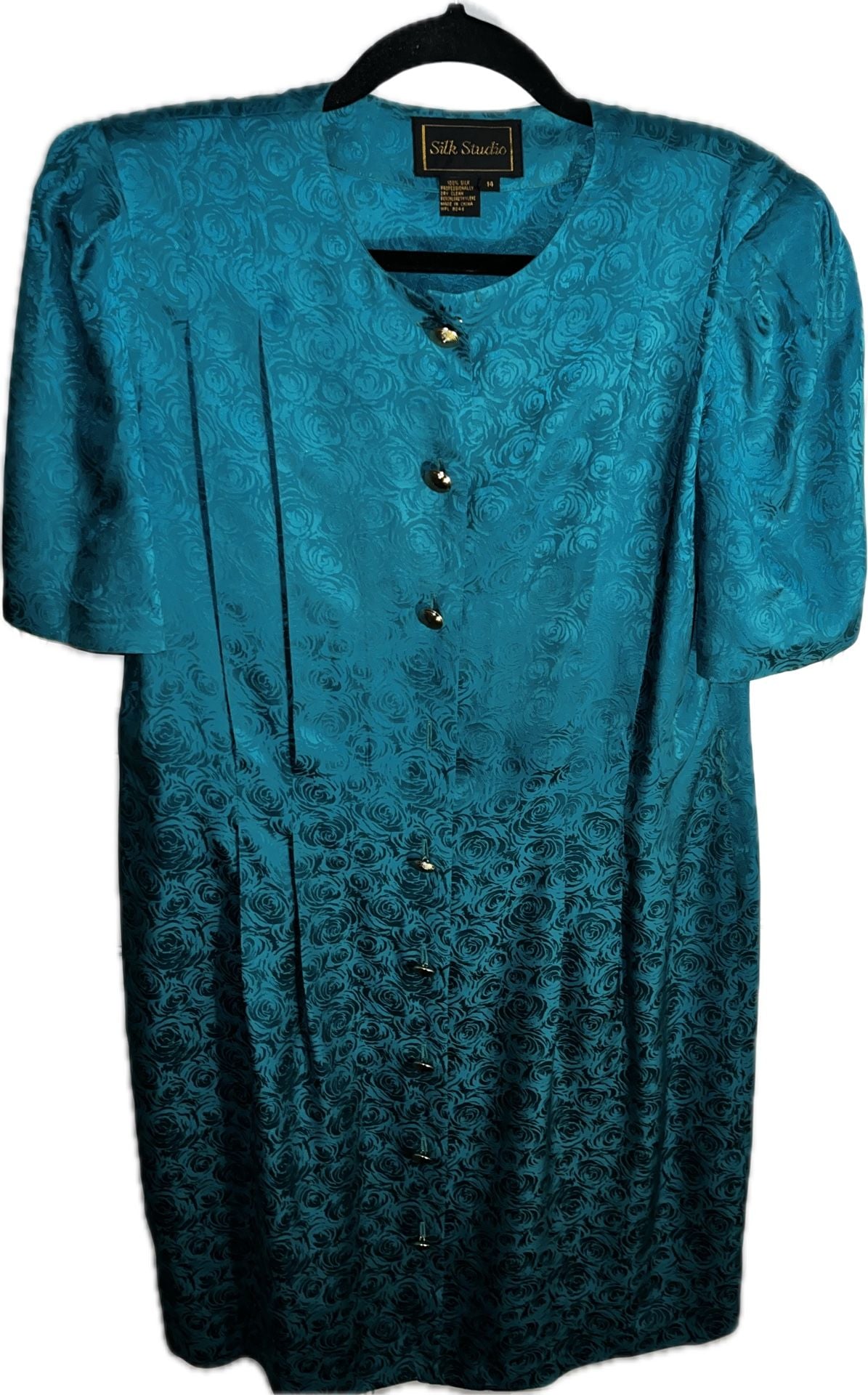 Silk Studio Silk Dress Size 14 Teal Jacquard Floral Short Sleeve 2