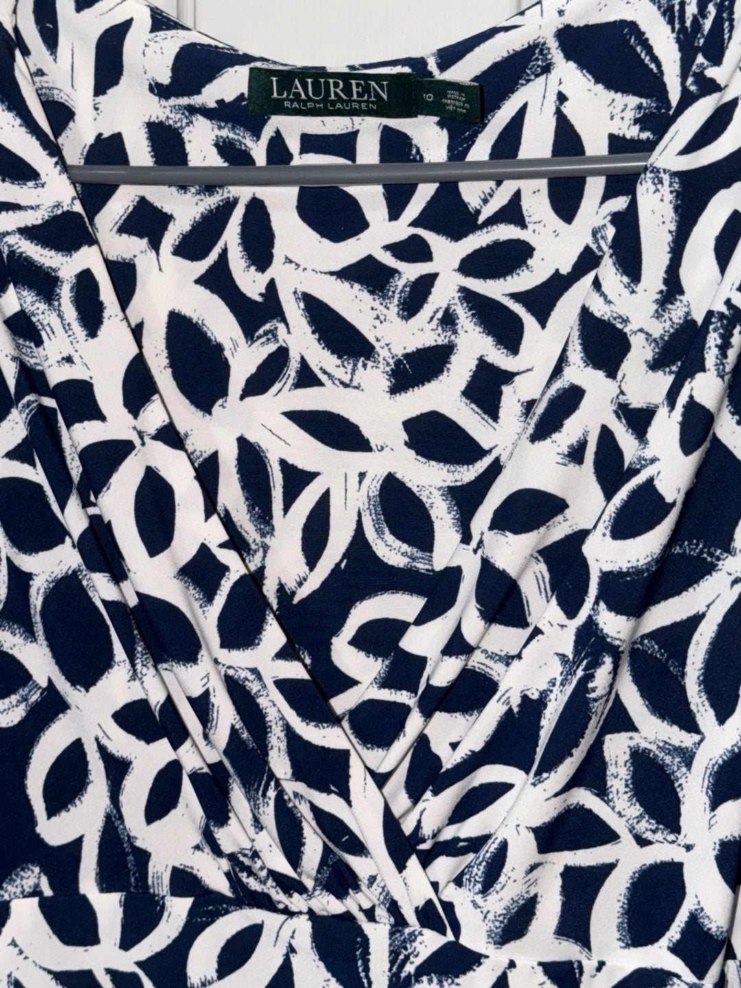 Lauren Ralph Lauren Dress Size 10 Blue White Abstract Faux Wrap 3