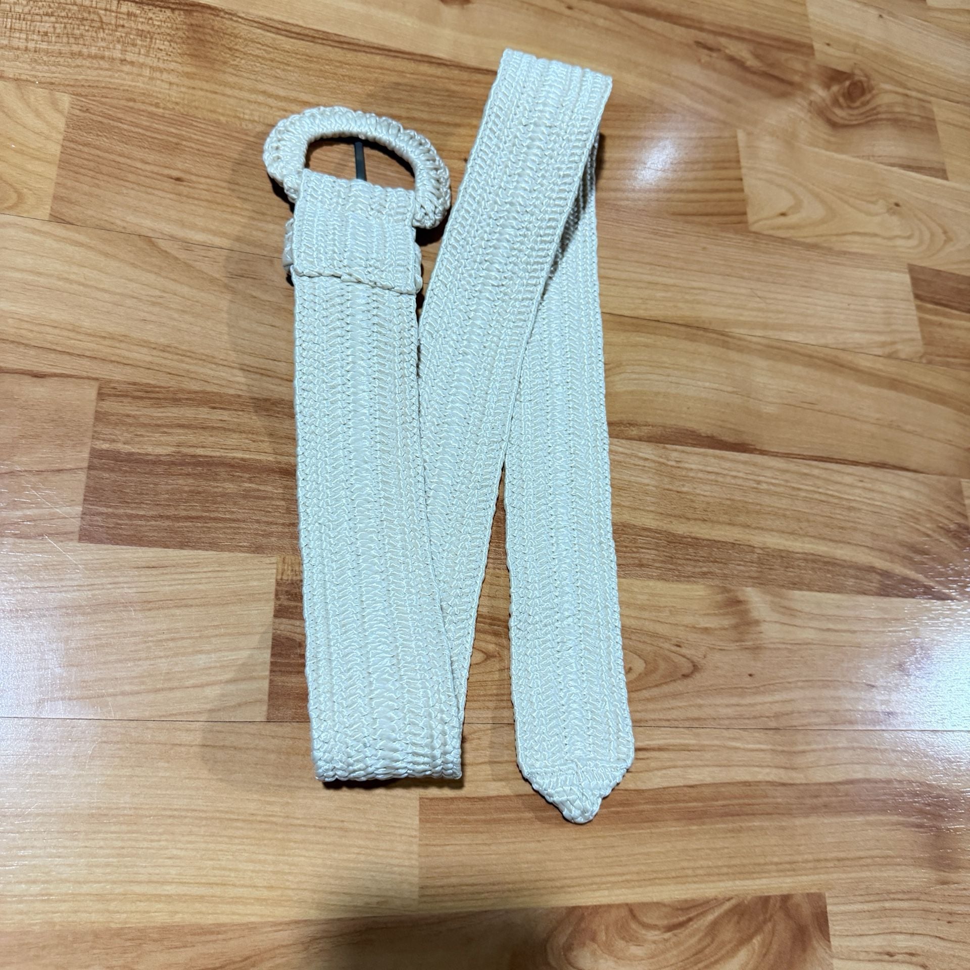Vintage White Woven Braided Stretch Belt Round Buckle Size 38 1