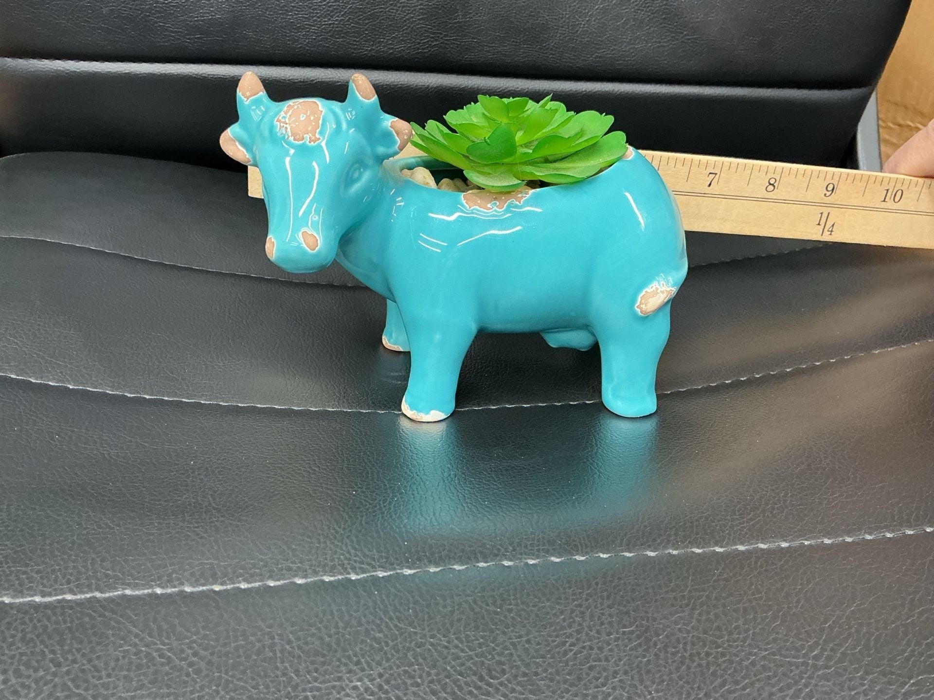 Turquoise Ceramic Cow Planter With Artificial Succulent 5