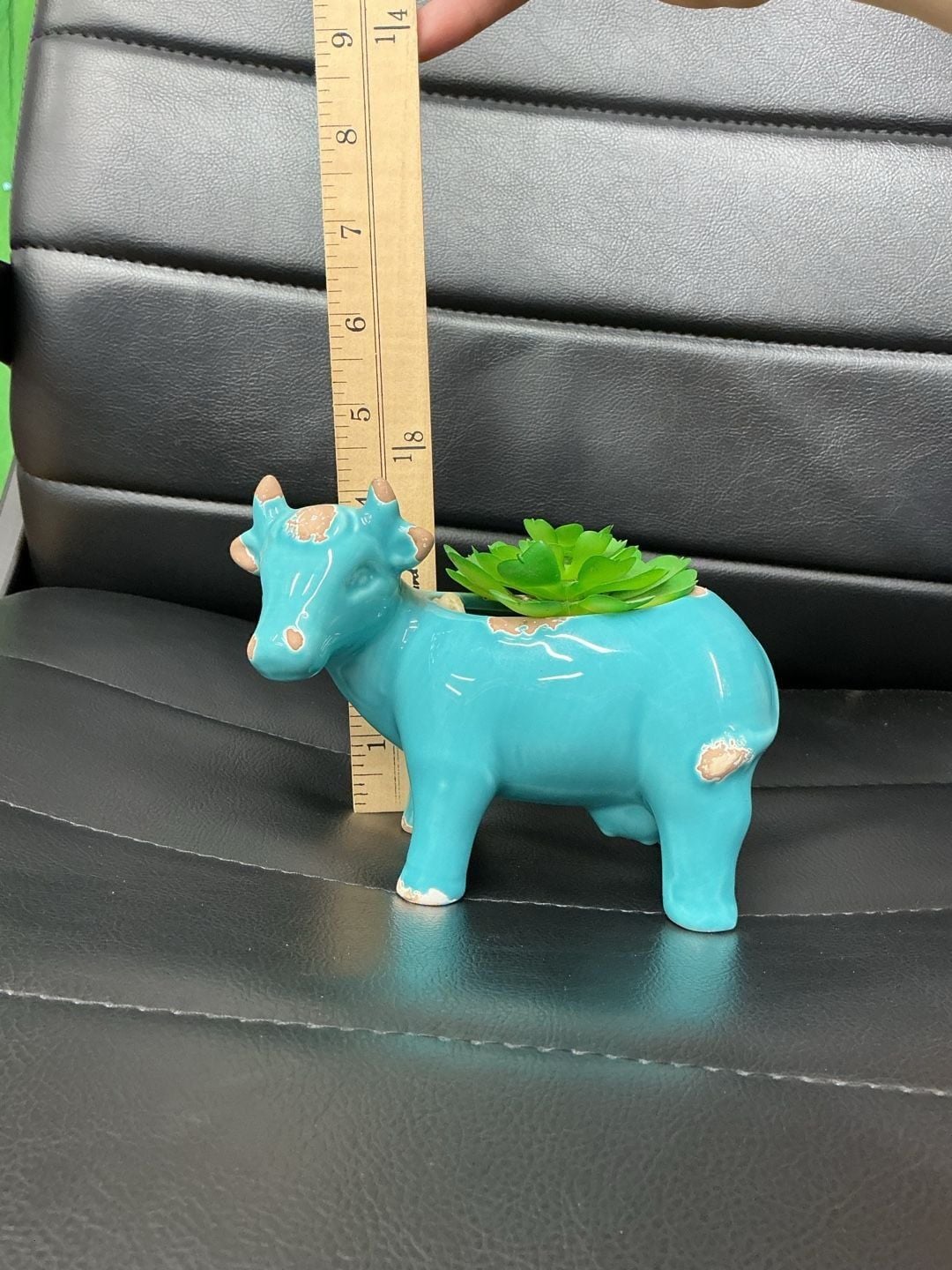 Turquoise Ceramic Cow Planter With Artificial Succulent 6