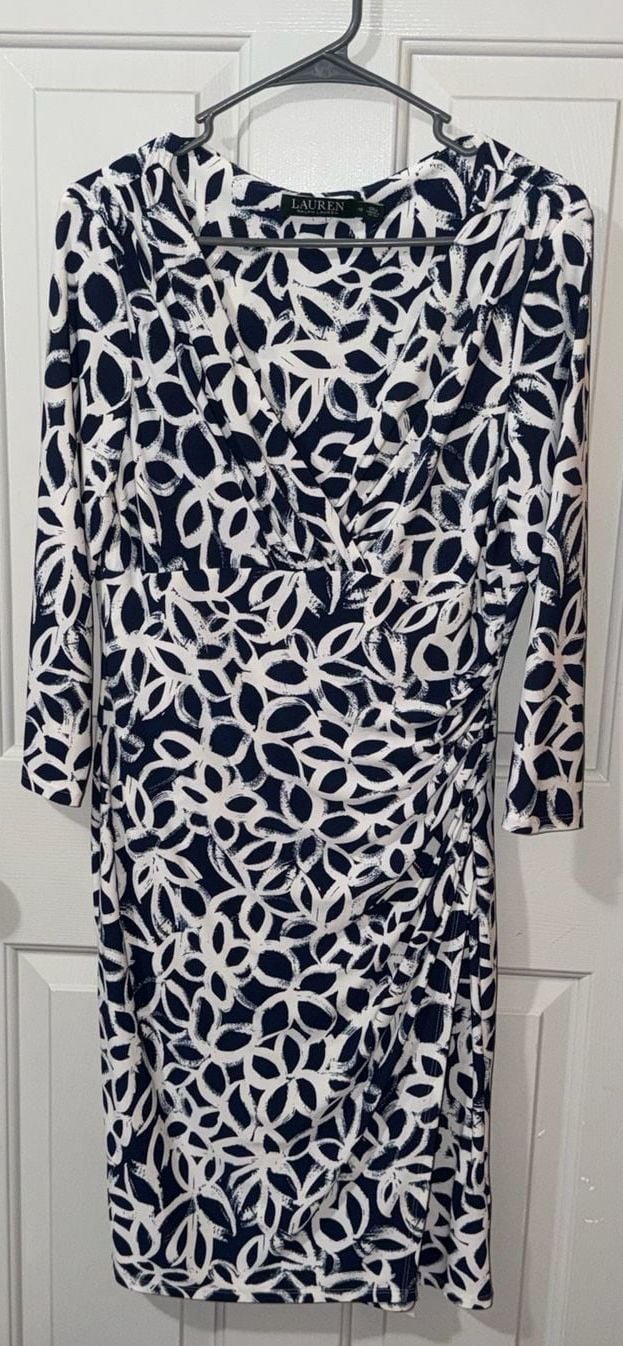 Lauren Ralph Lauren Dress Size 10 Blue White Abstract Faux Wrap 2