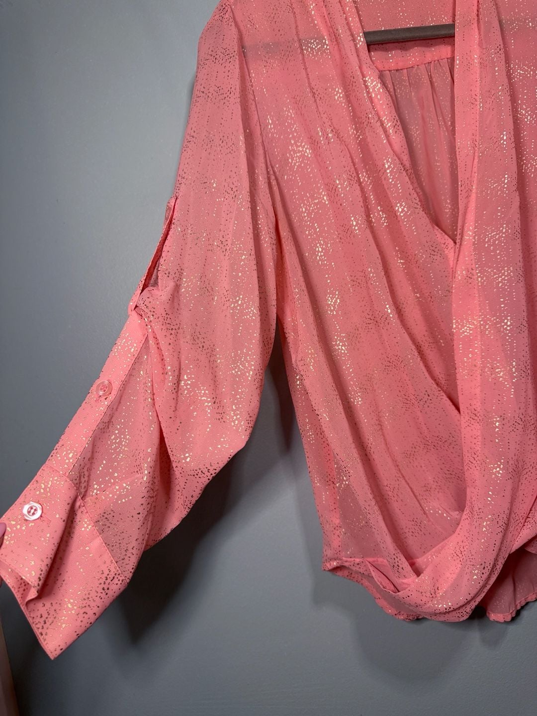 New York & Company Blouse Size M Pink Metallic Foil Wrap Front 2
