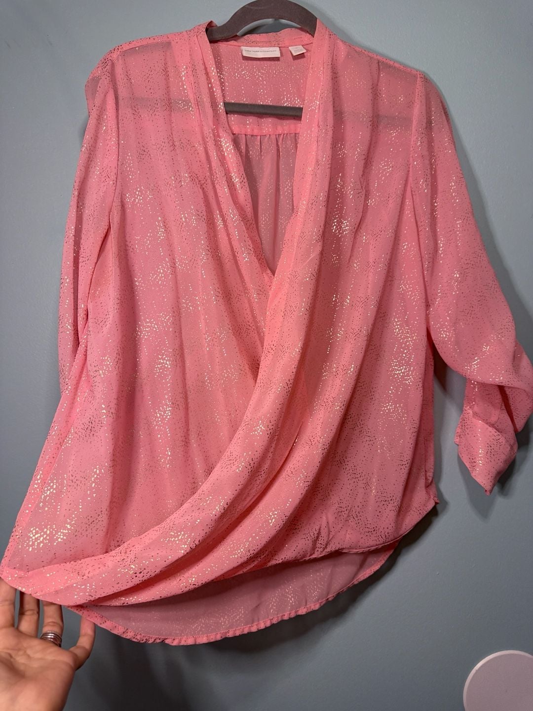 New York & Company Blouse Size M Pink Metallic Foil Wrap Front 3