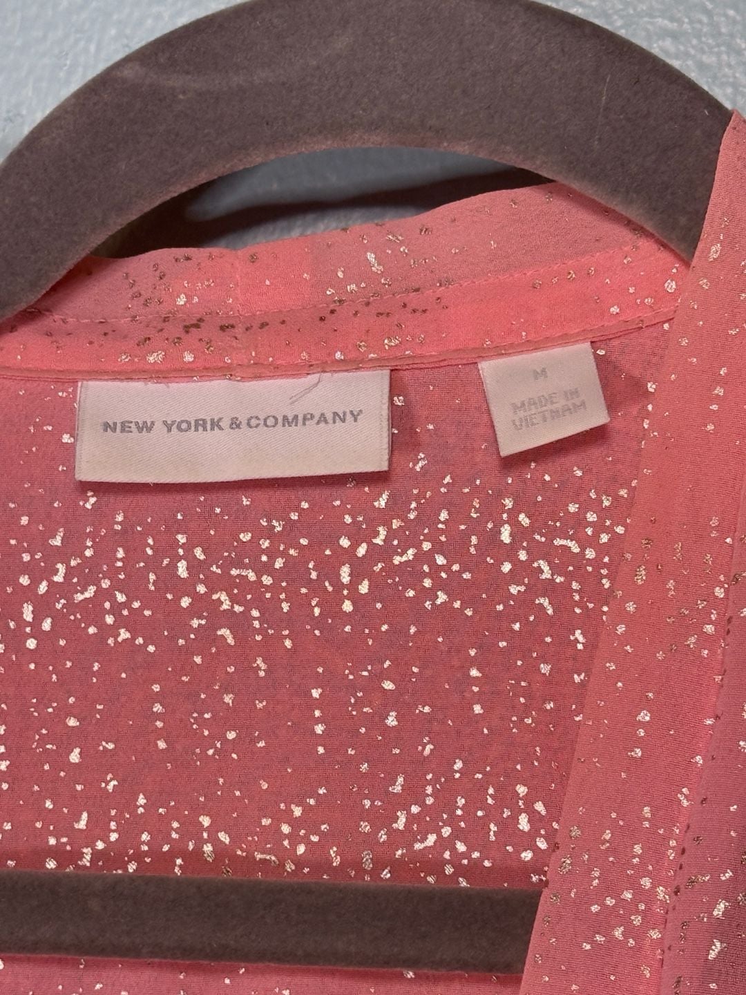 New York & Company Blouse Size M Pink Metallic Foil Wrap Front 4