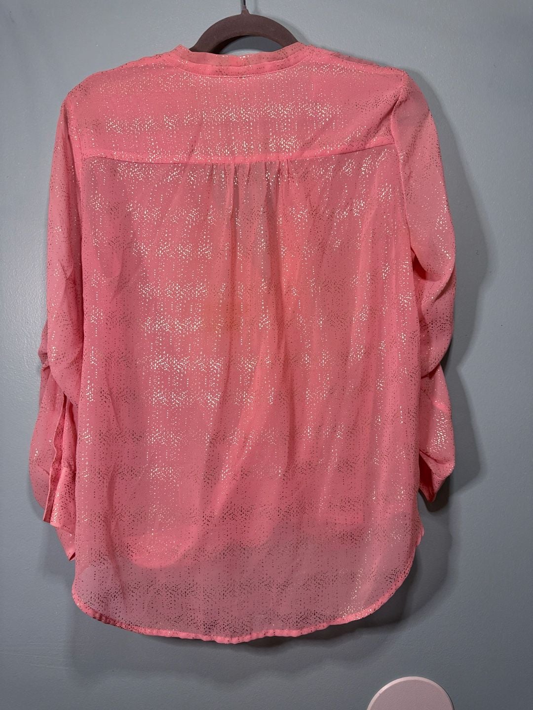 New York & Company Blouse Size M Pink Metallic Foil Wrap Front 7