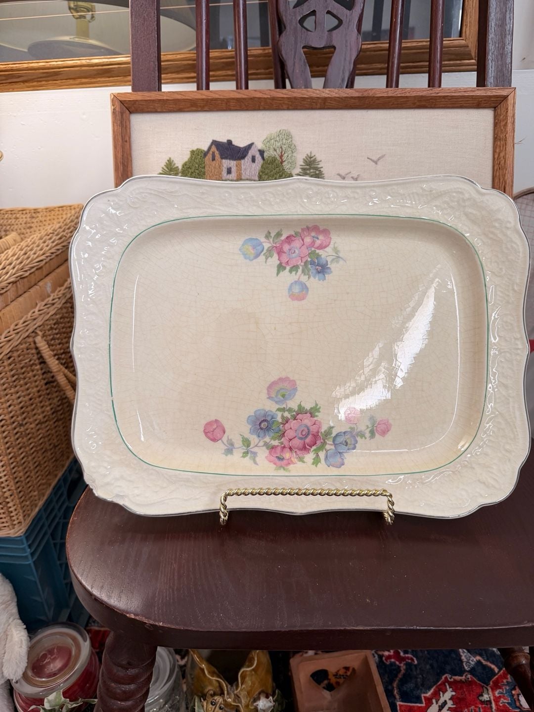 Vintage Floral Serving Platter Dish Embossed Ivory Porcelain Pink Blue Flowers 2