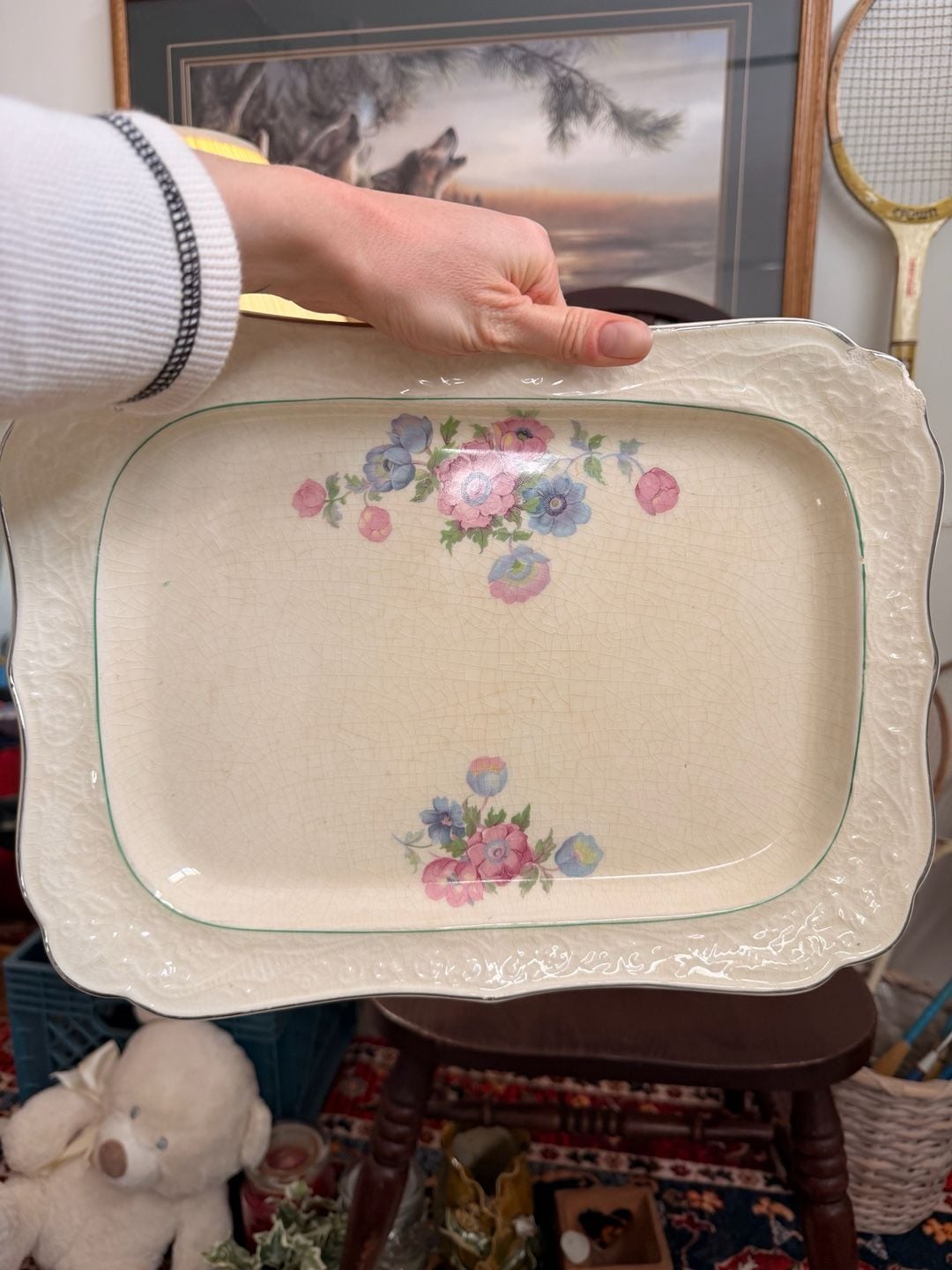 Vintage Floral Serving Platter Dish Embossed Ivory Porcelain Pink Blue Flowers 4