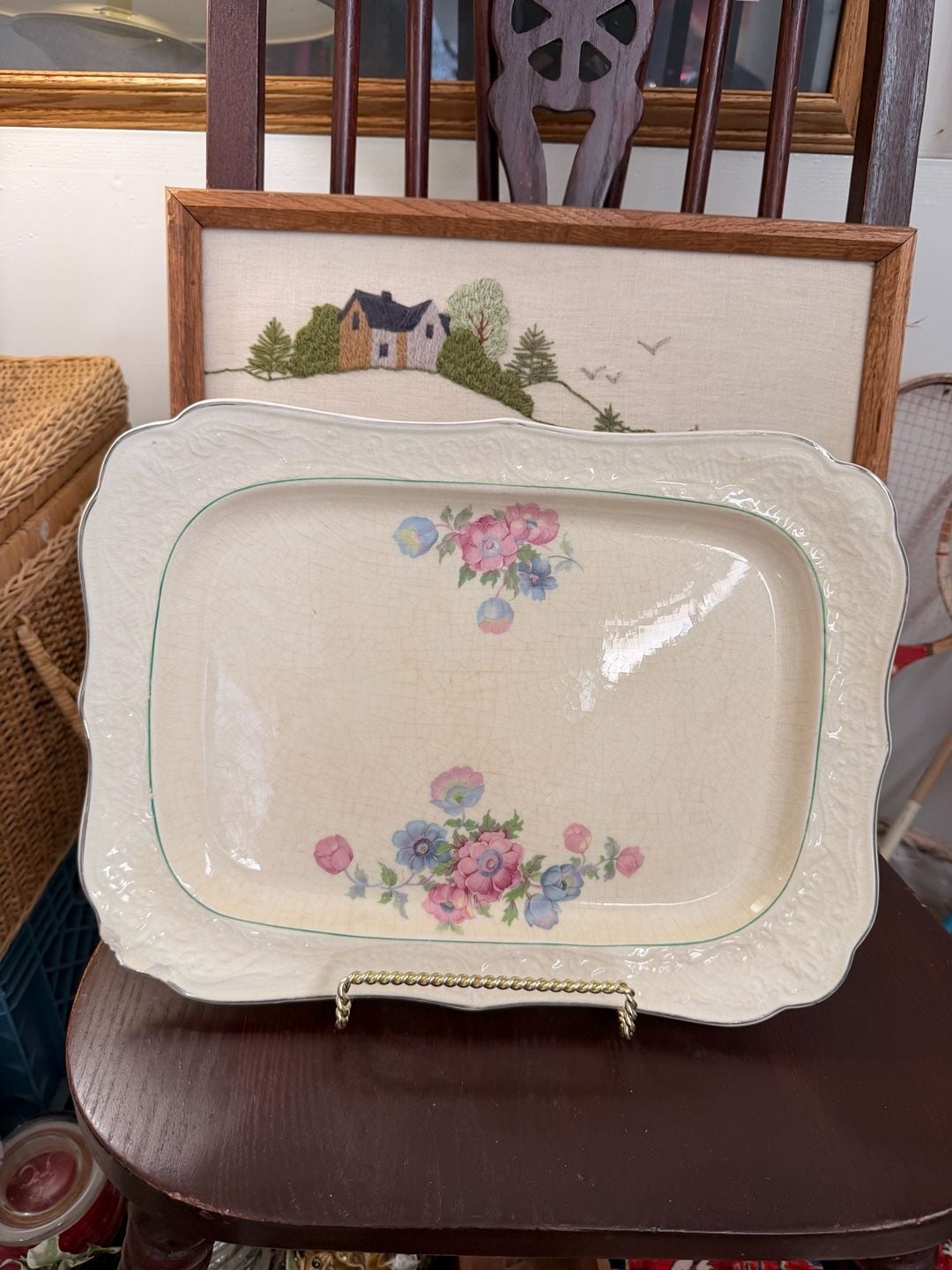 Vintage Floral Serving Platter Dish Embossed Ivory Porcelain Pink Blue Flowers 1