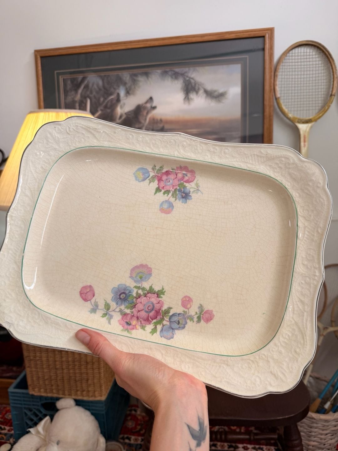 Vintage Floral Serving Platter Dish Embossed Ivory Porcelain Pink Blue Flowers 5