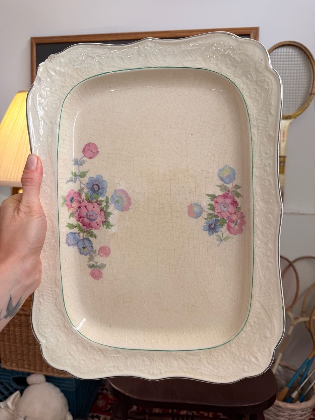 Vintage Floral Serving Platter Dish Embossed Ivory Porcelain Pink Blue Flowers 6