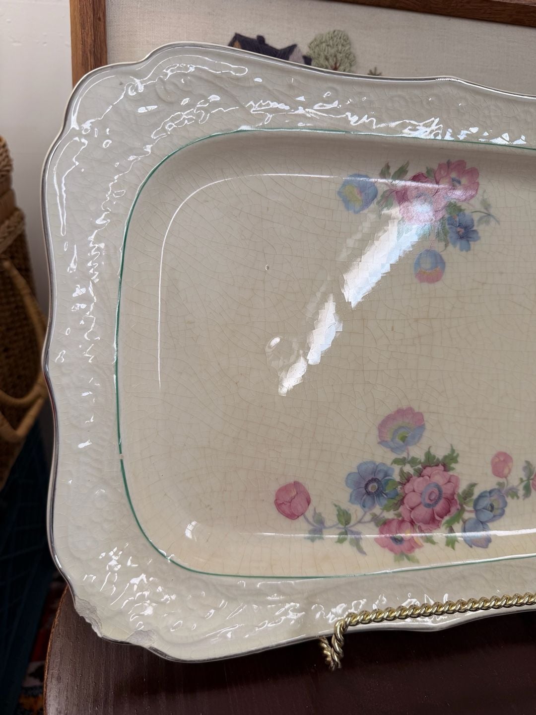 Vintage Floral Serving Platter Dish Embossed Ivory Porcelain Pink Blue Flowers 7
