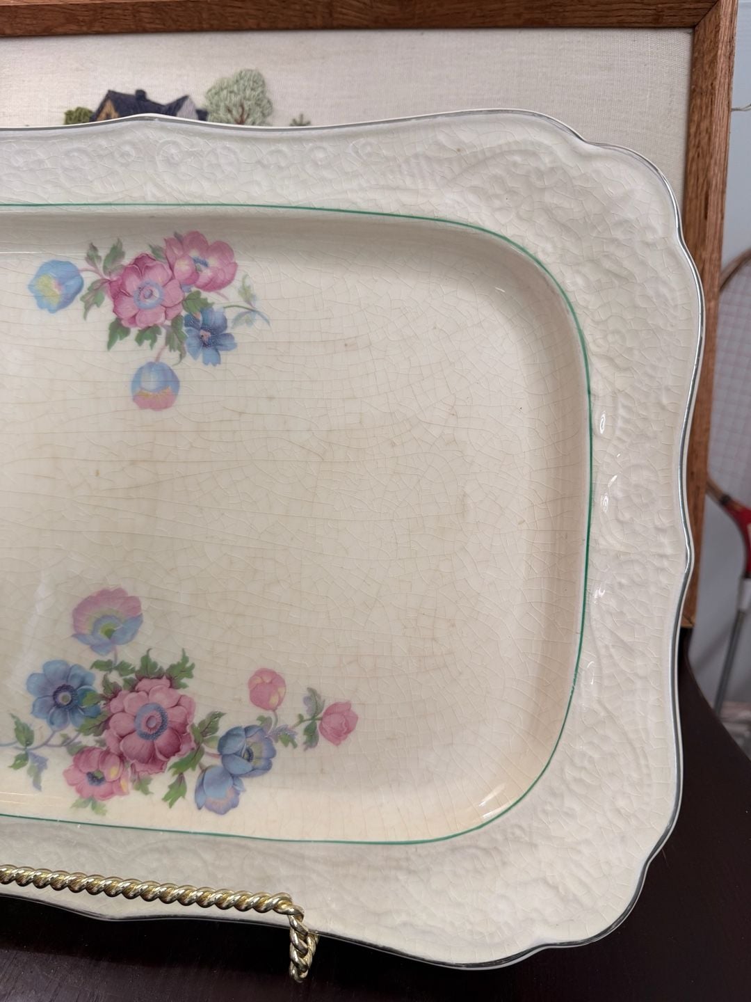 Vintage Floral Serving Platter Dish Embossed Ivory Porcelain Pink Blue Flowers 9
