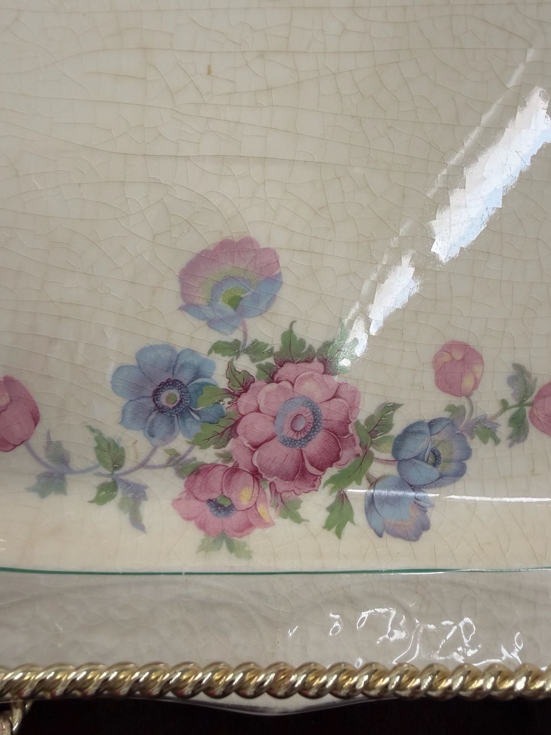 Vintage Floral Serving Platter Dish Embossed Ivory Porcelain Pink Blue Flowers 10