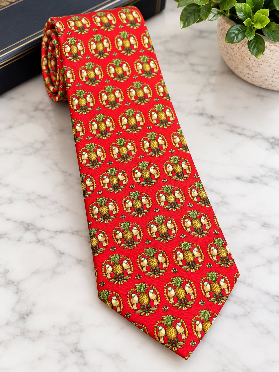 Vintage Salvatore Ferragamo Red Pineapple Parrot 100% Silk Tie Made in Italy 1