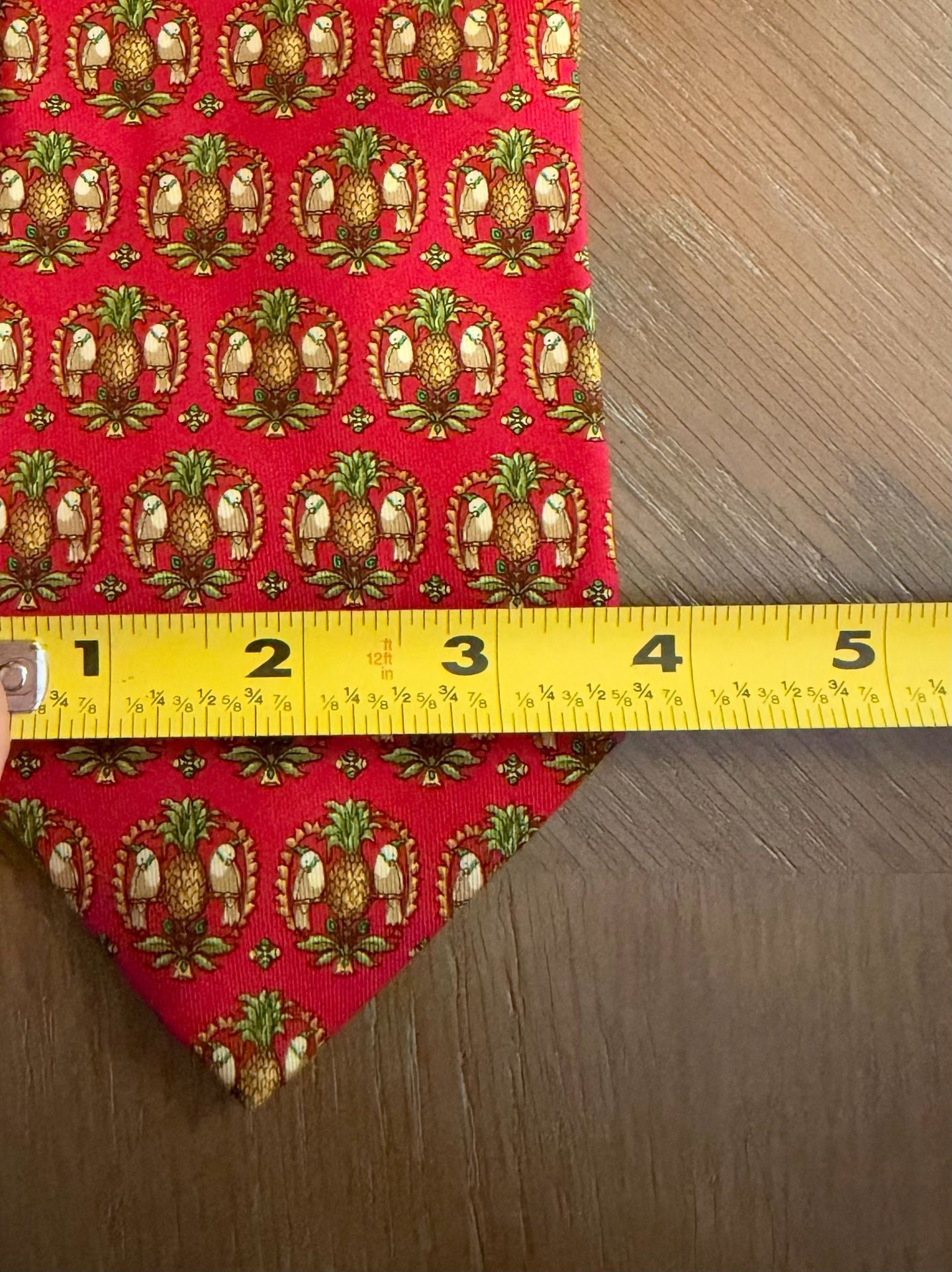 Vintage Salvatore Ferragamo Red Pineapple Parrot 100% Silk Tie Made in Italy 4