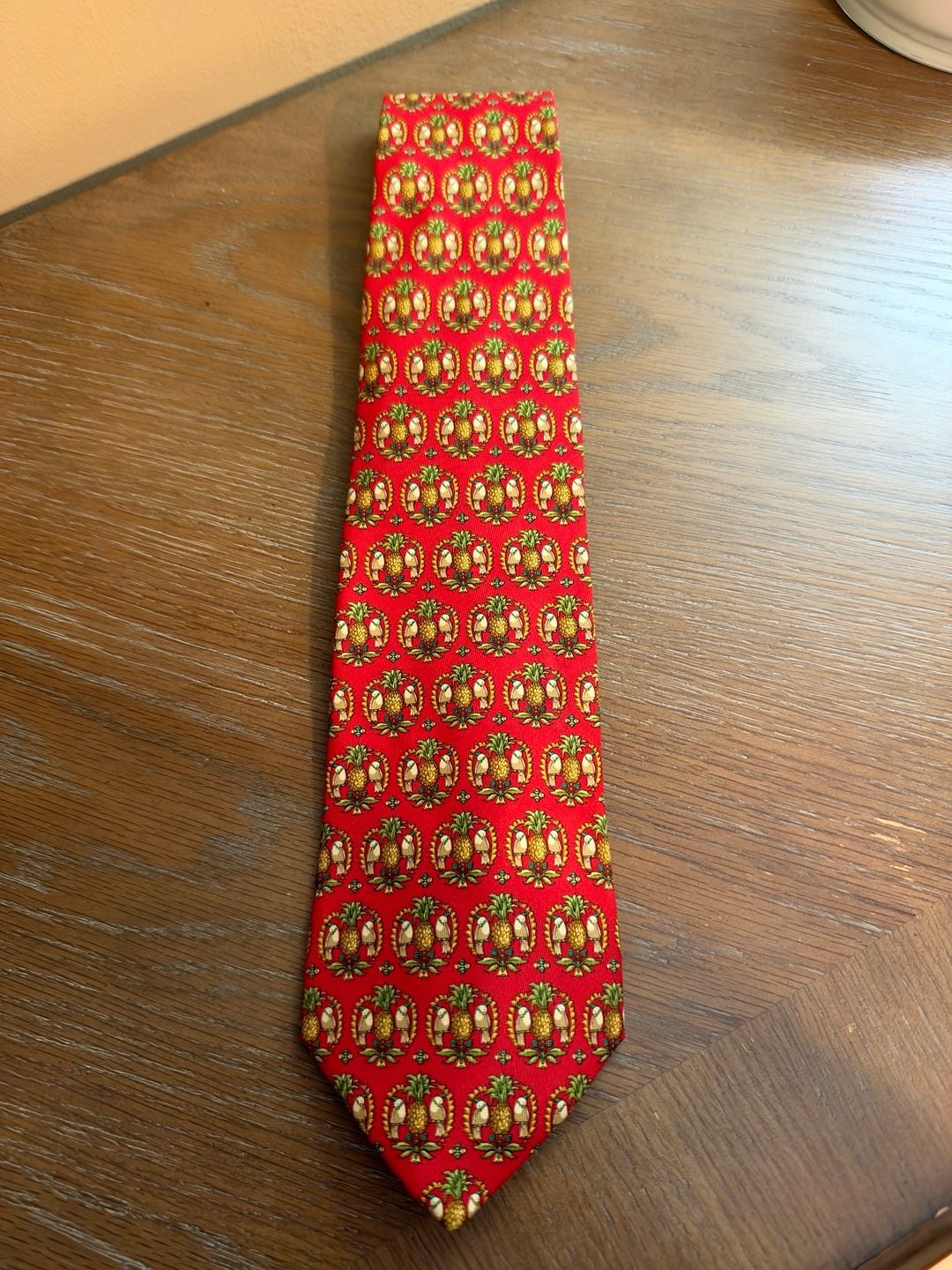 Vintage Salvatore Ferragamo Red Pineapple Parrot 100% Silk Tie Made in Italy 6