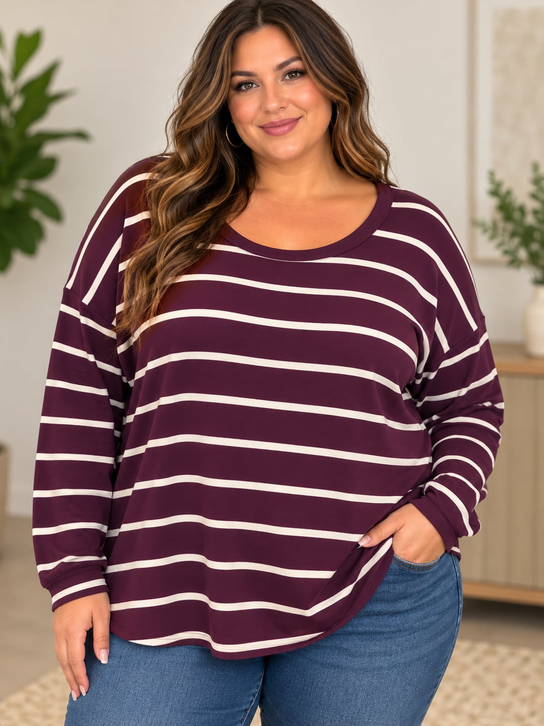 Burgundy Striped Long Sleeve Scoop Neck Top 2