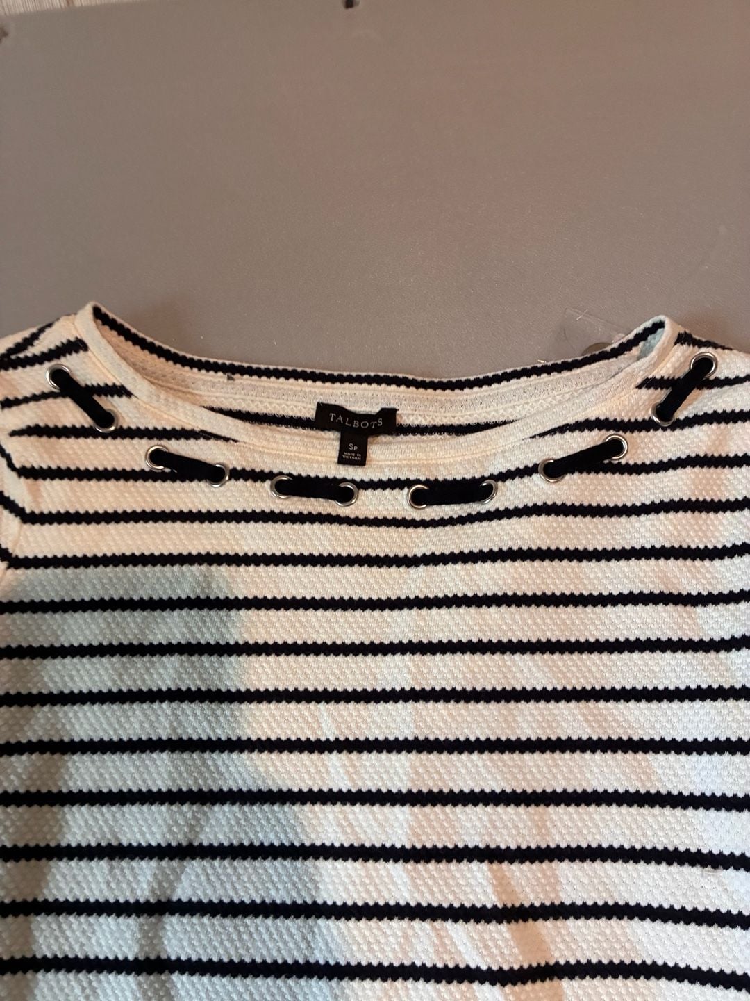 Talbots Striped Top Size SP White Blue Knit Short Sleeve 3