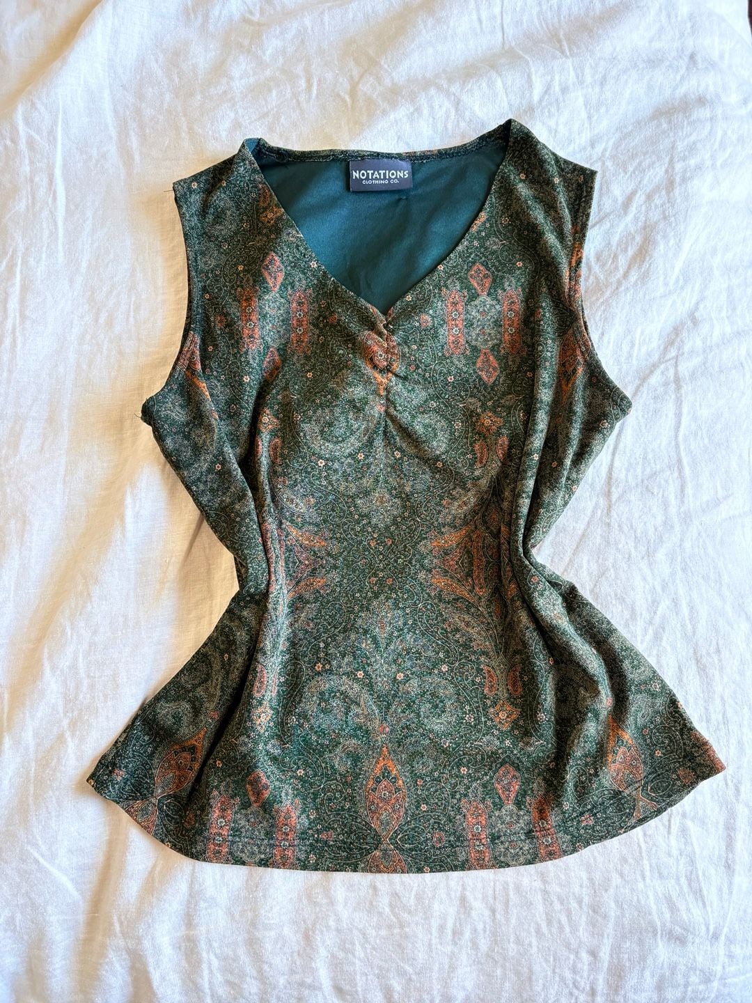 Vintage Y2K Early 2000s Green Paisley V-Neck Sleeveless Top 7