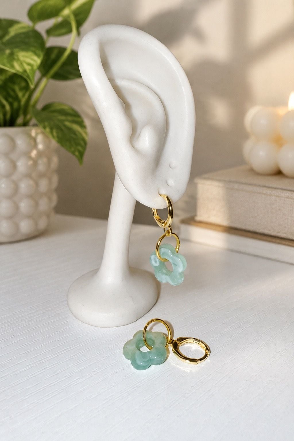 14k Gold-Filled Mint Blossom Charm Huggie Hoop Earrings 6