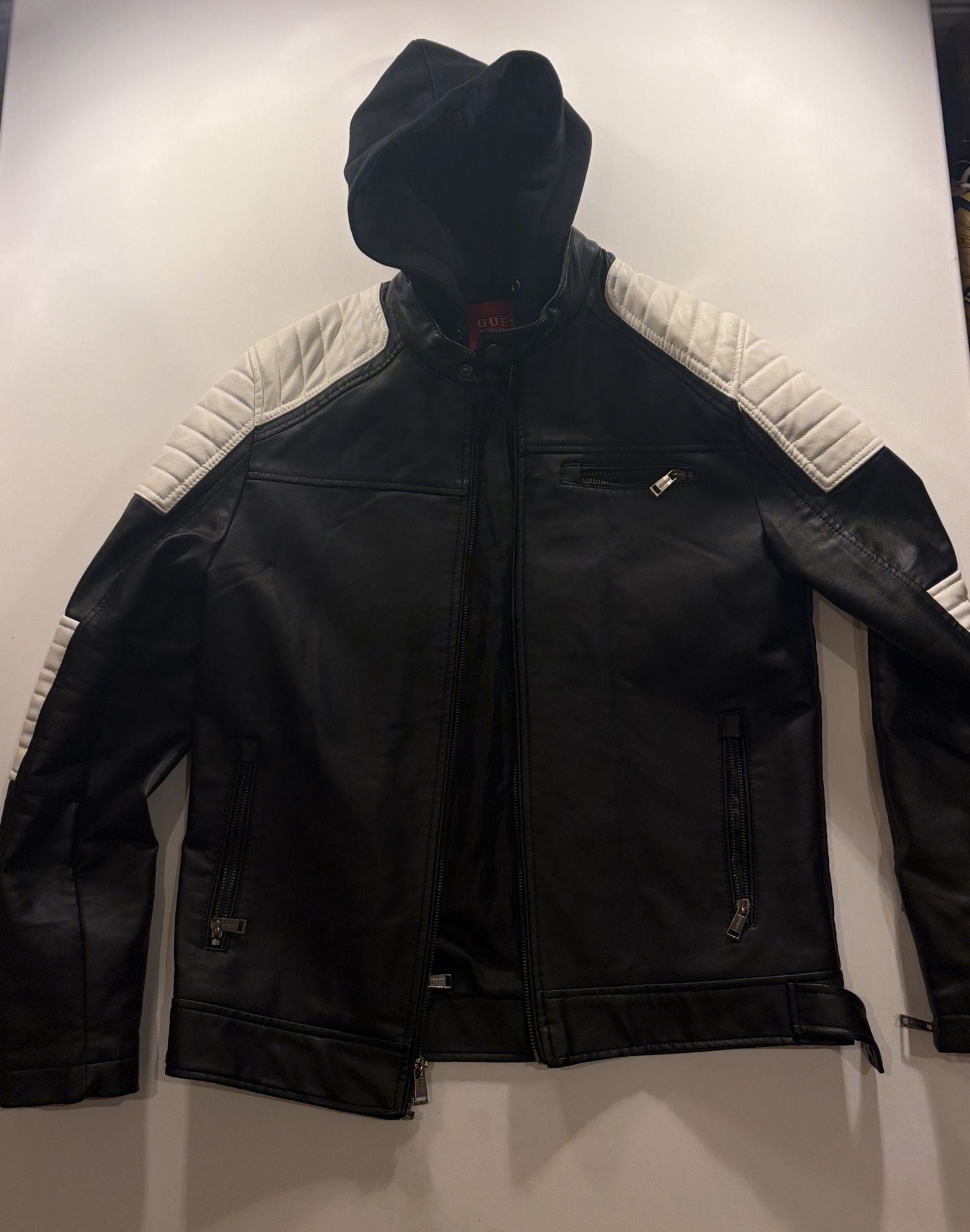 Guess Faux Leather Hooded Jacket Size M Black White Quilted Biker 2