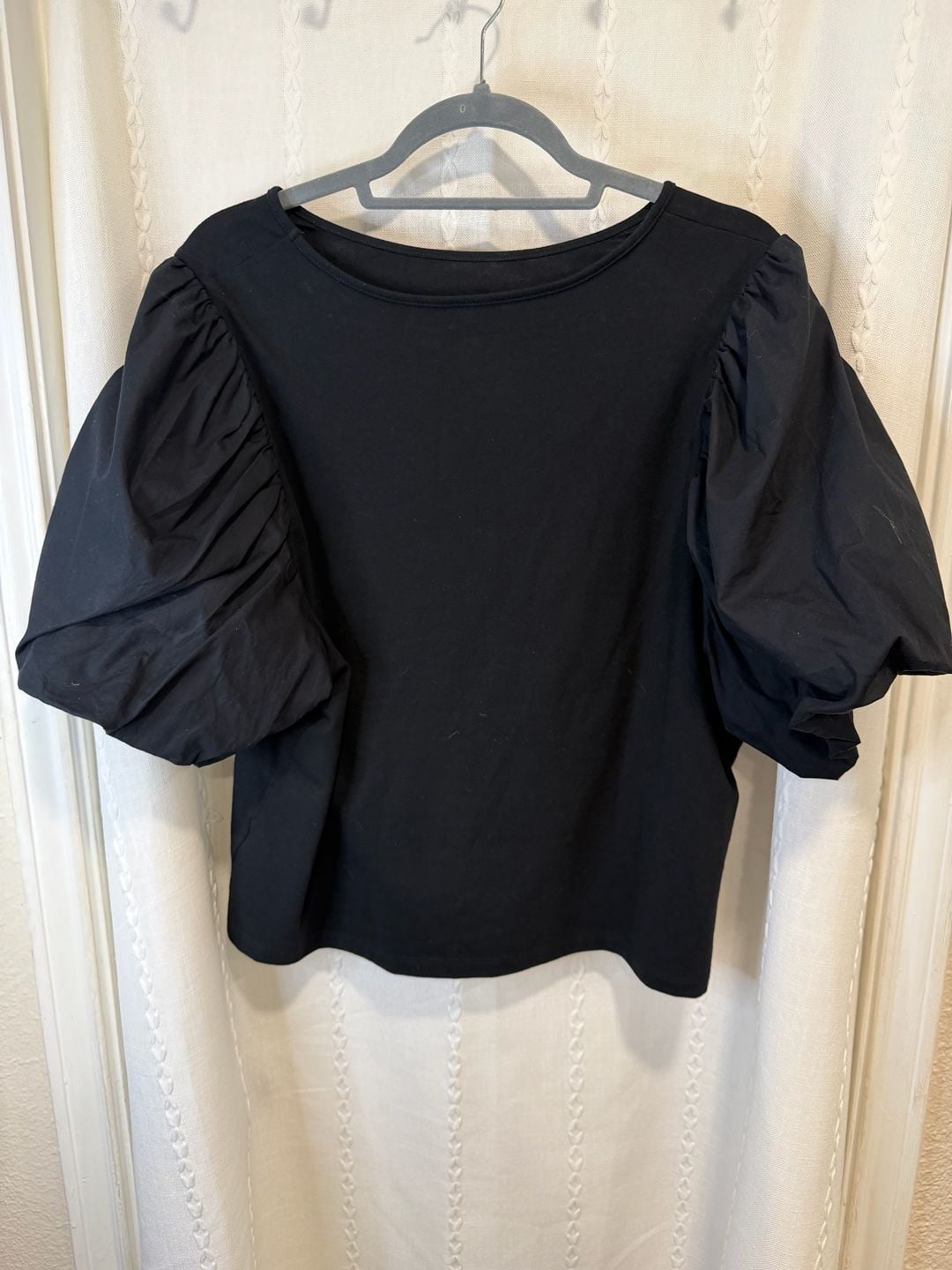 Black Puff Sleeve Blouse Womens XXL Short Balloon Sleeve Crew Neck Statement Top 2