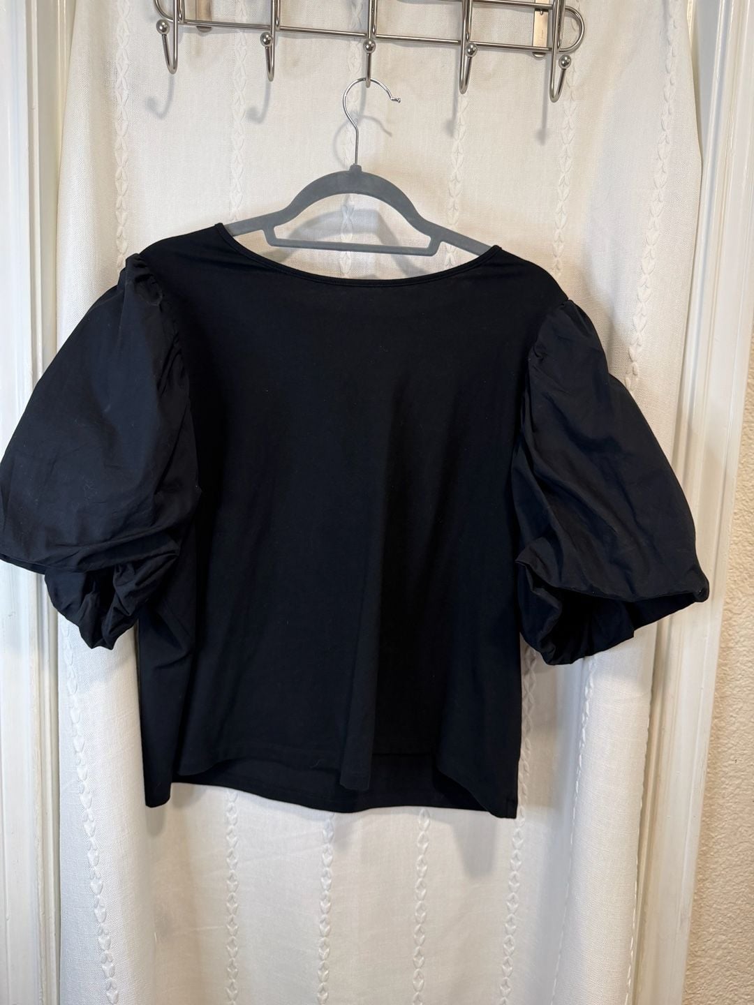 Black Puff Sleeve Blouse Womens XXL Short Balloon Sleeve Crew Neck Statement Top 3