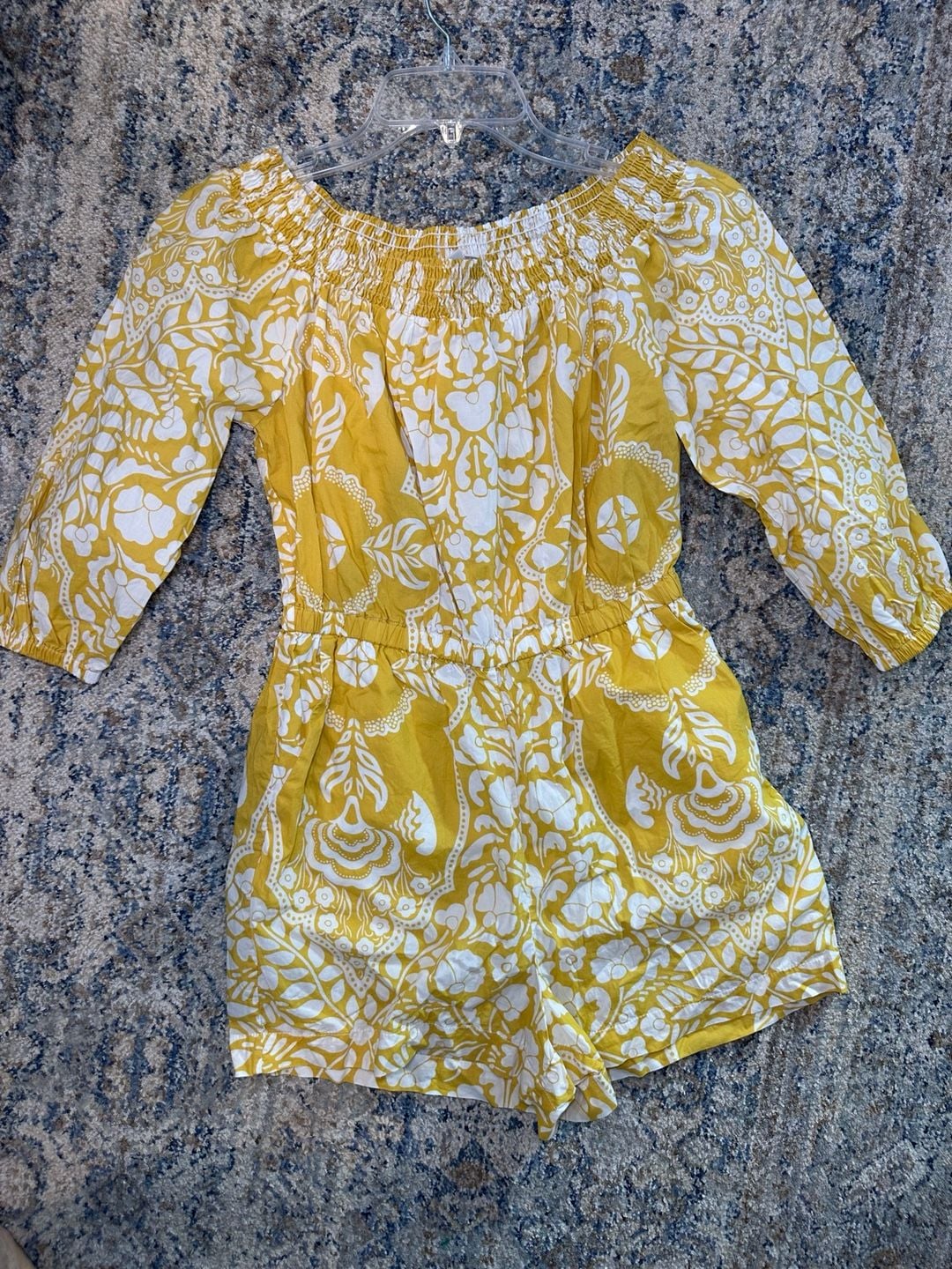 100% Cotton Boden Floral Print Off Shoulder Romper Size US 6P Yellow White 5
