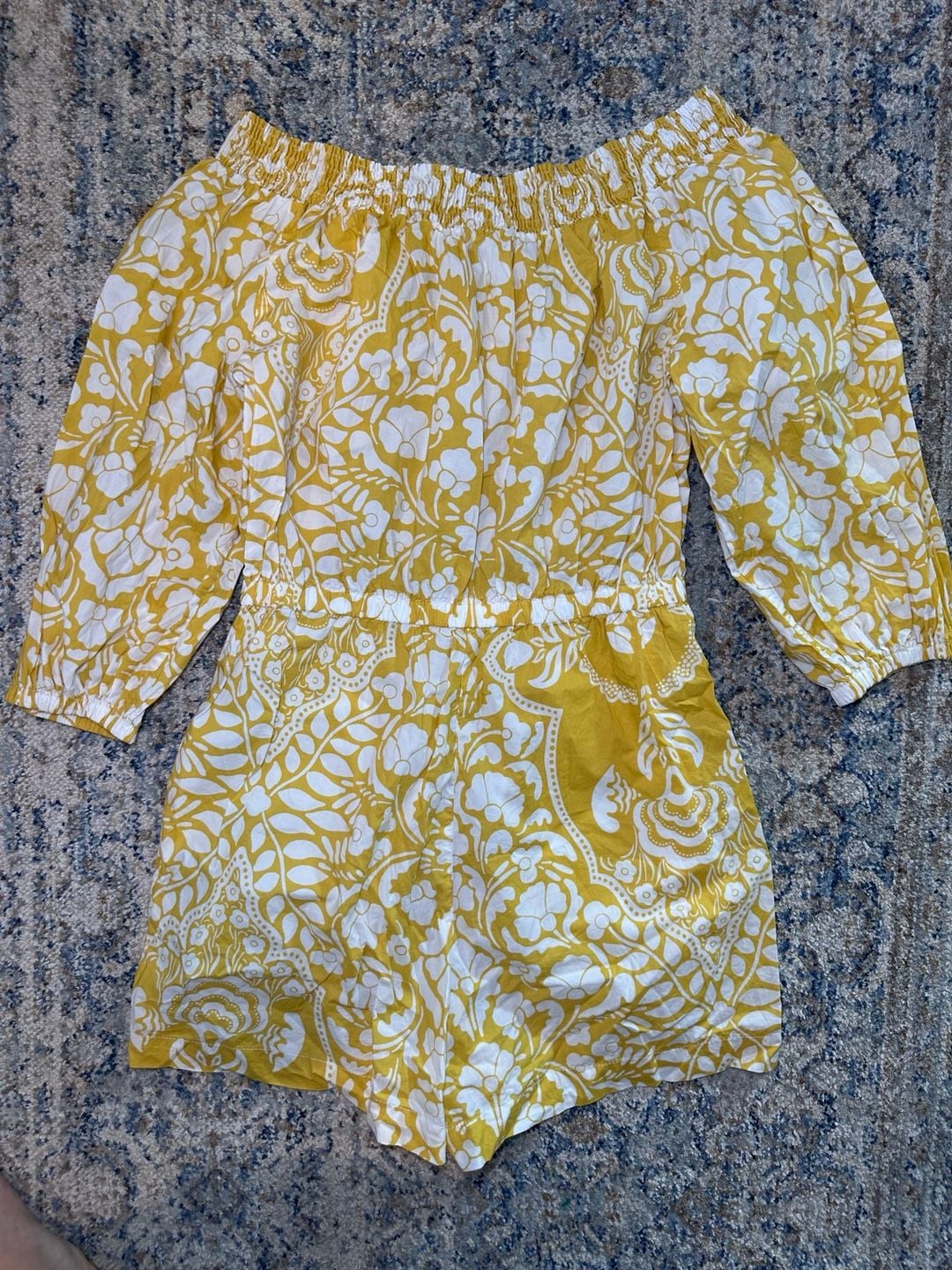100% Cotton Boden Floral Print Off Shoulder Romper Size US 6P Yellow White 7