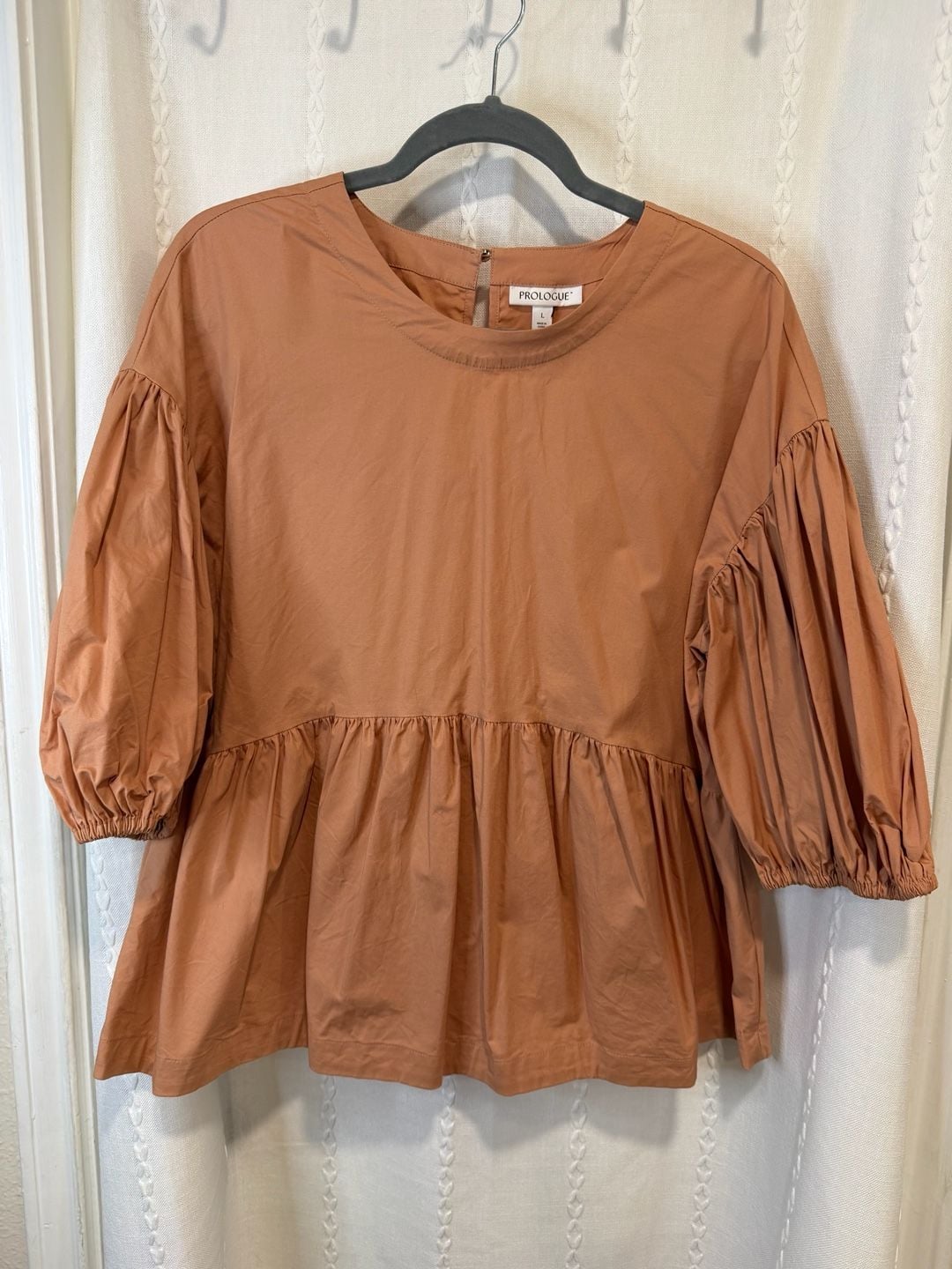 Prologue Womens L Peach Puff Sleeve Peplum Blouse Babydoll Boho Cottagecore Top 2