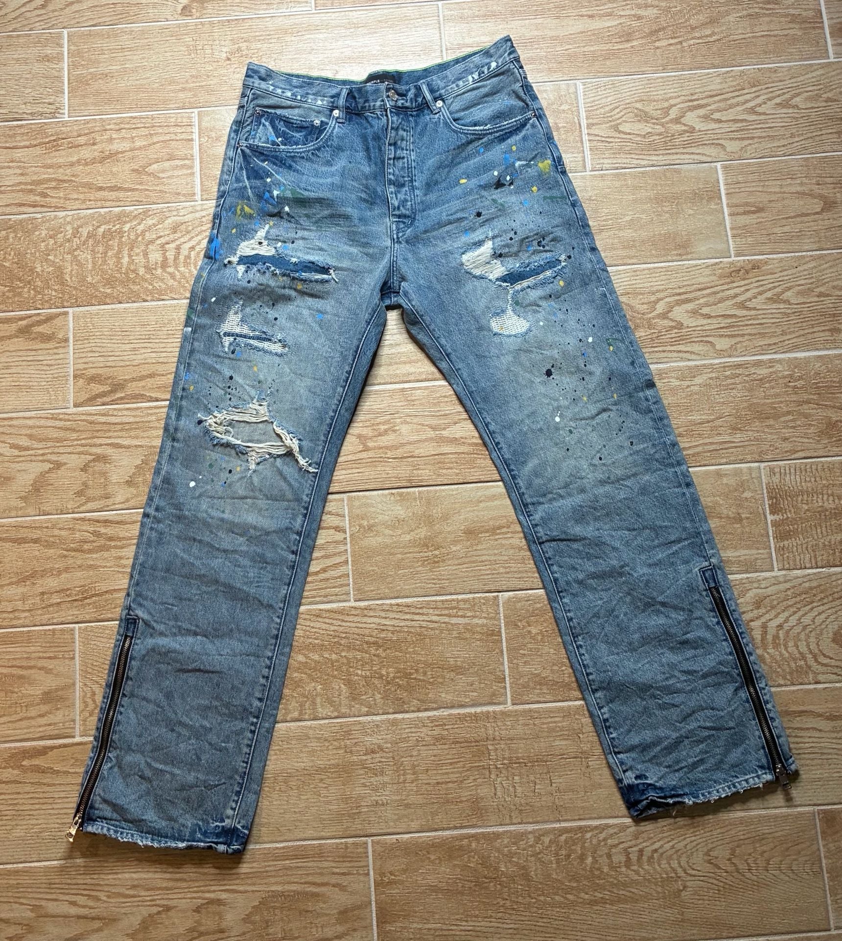 Purple Brand P011 Jeans Mens 36 Paint Splatter Distressed Straight Leg Ankle Zip 2