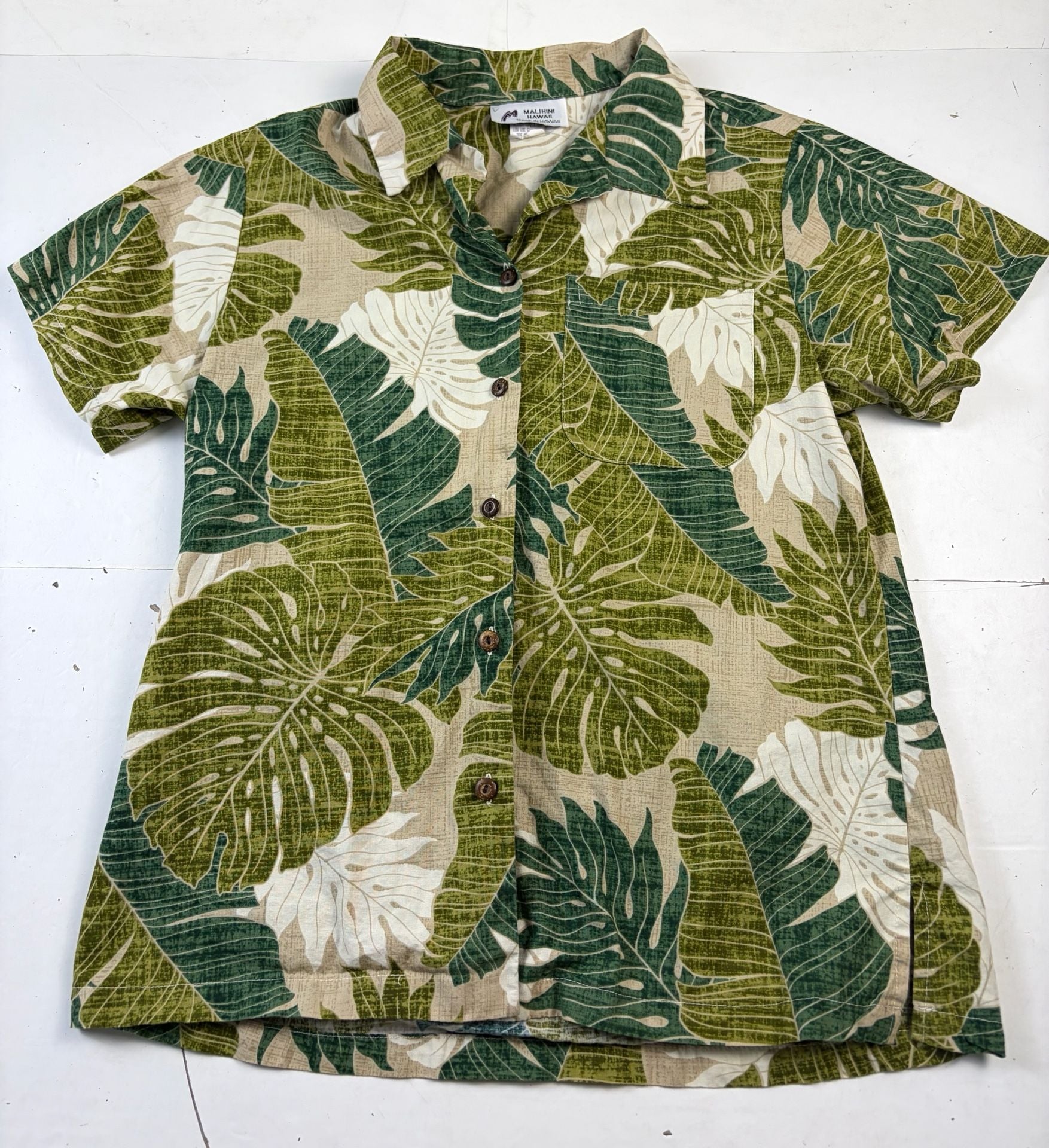 Malihini Hawaii Tropical Leaf Hawaiian Collared Button Down Shirt Green Size M (OF) 2