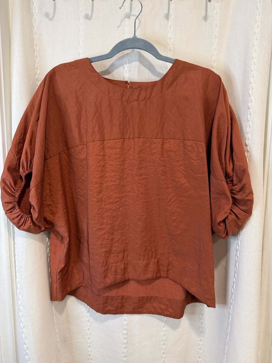 Prologue Womens L Rust Orange Puff Sleeve Blouse Ruched Balloon Sleeve Boho Top 2