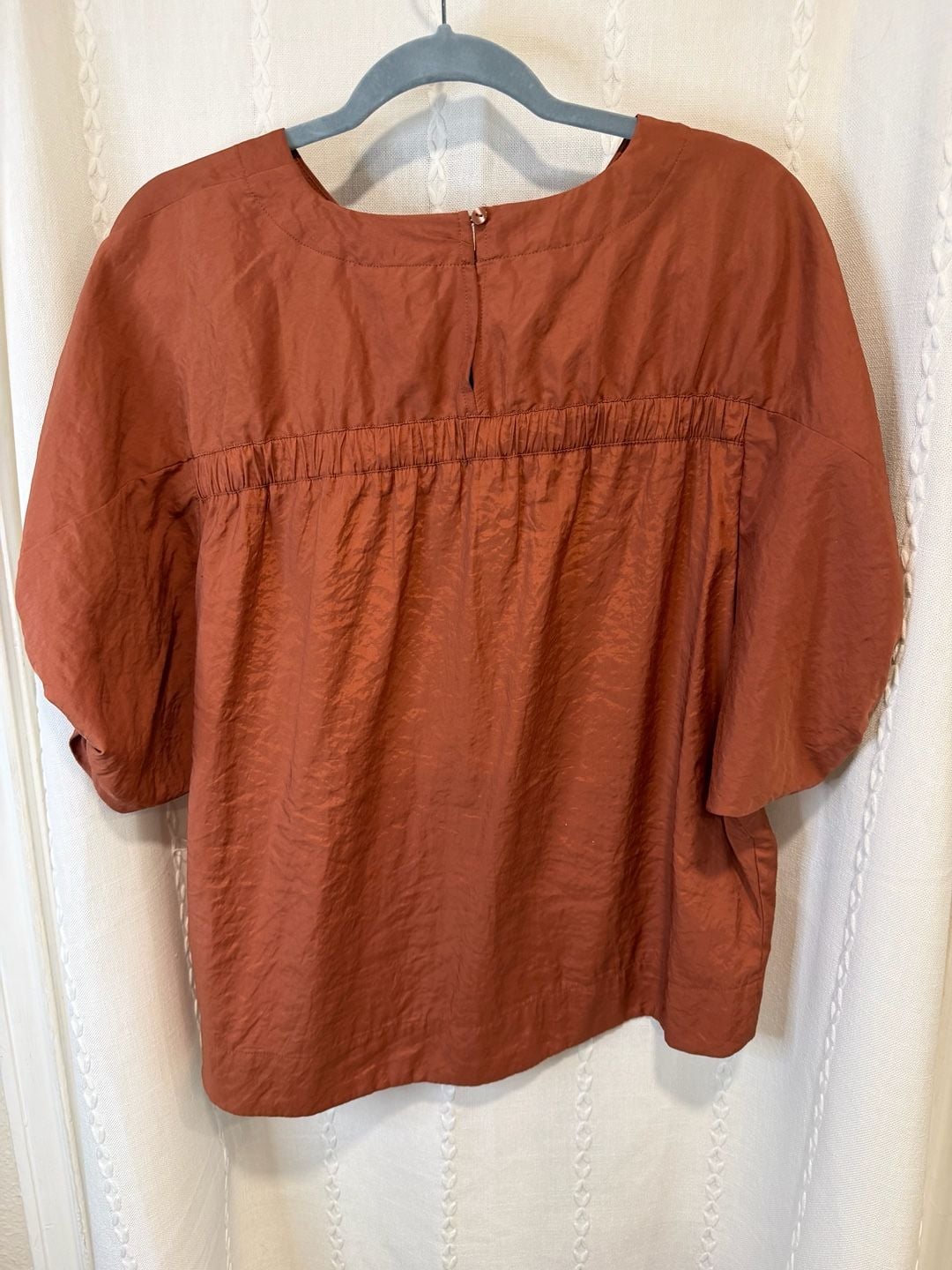 Prologue Womens L Rust Orange Puff Sleeve Blouse Ruched Balloon Sleeve Boho Top 3