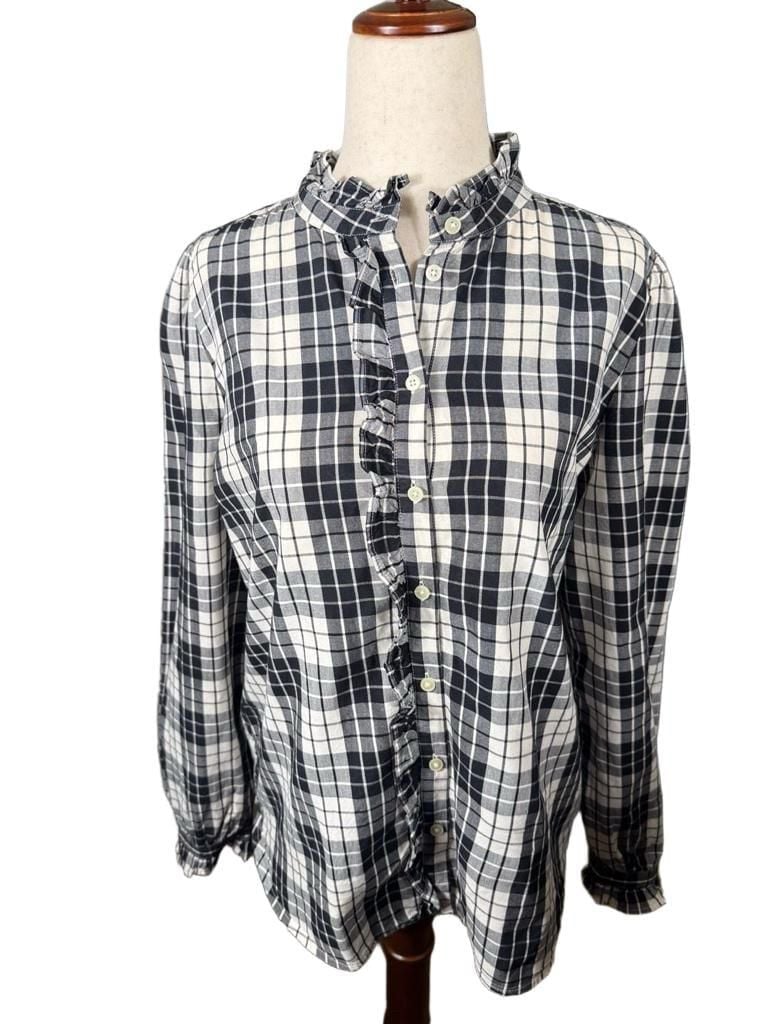 LOFT Ruffle Plaid Blouse Size S Black White Long Sleeve h1599 2