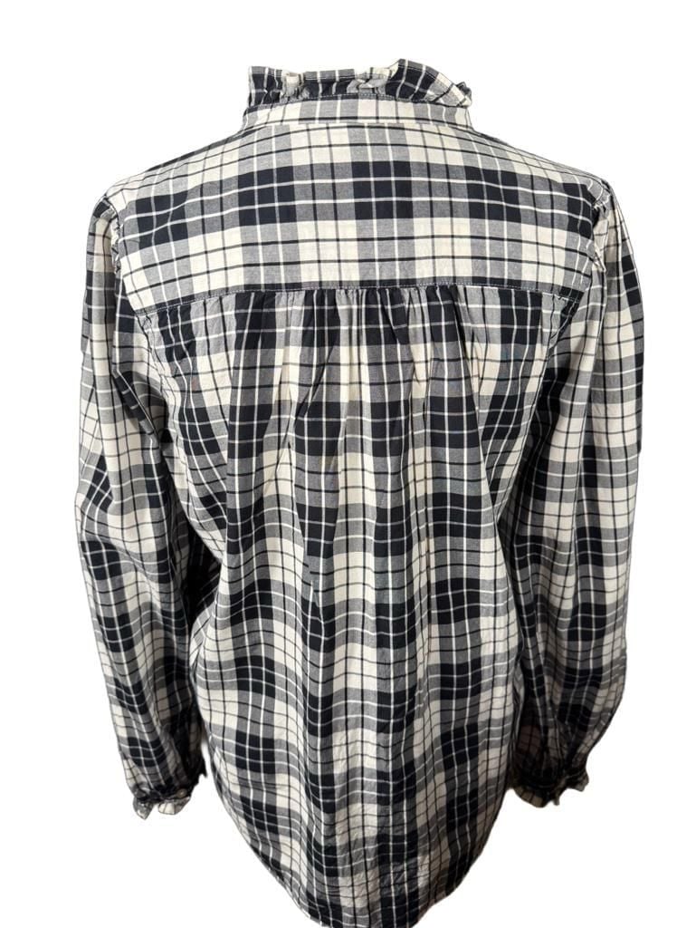 LOFT Ruffle Plaid Blouse Size S Black White Long Sleeve h1599 7