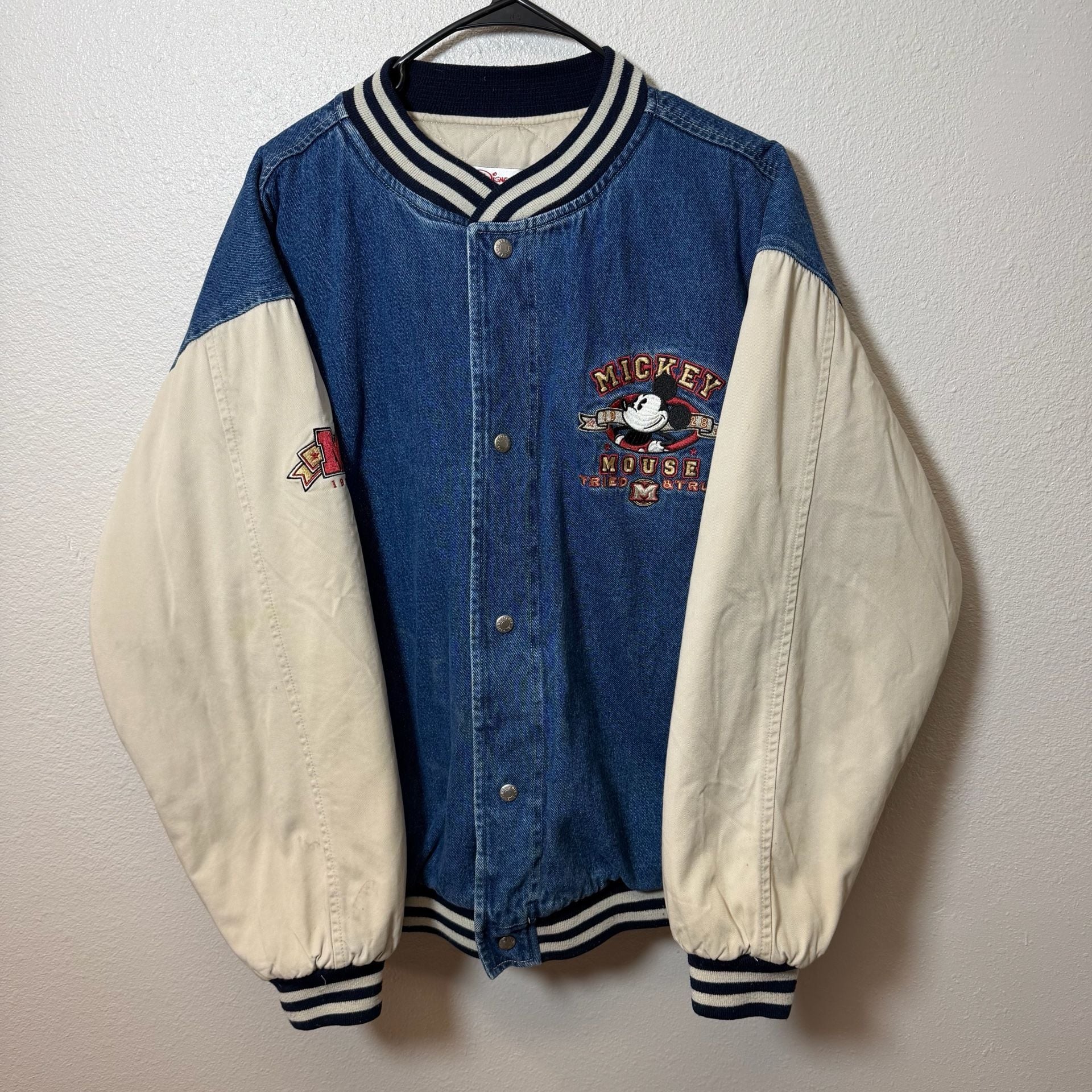 Vintage Disney Mickey Mouse Denim Varsity Jacket Size L 2
